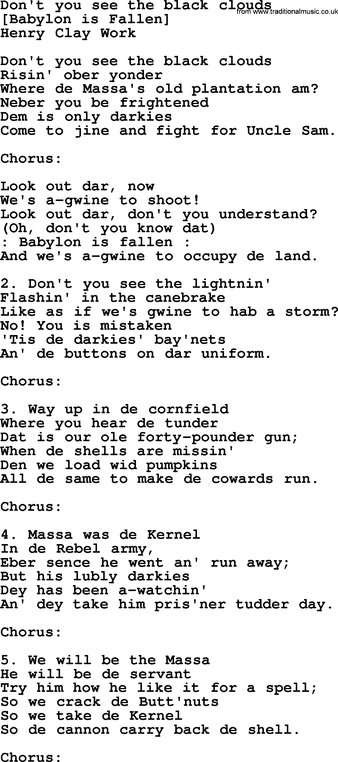 Old American Song: Don't You See The Black Clouds, lyrics