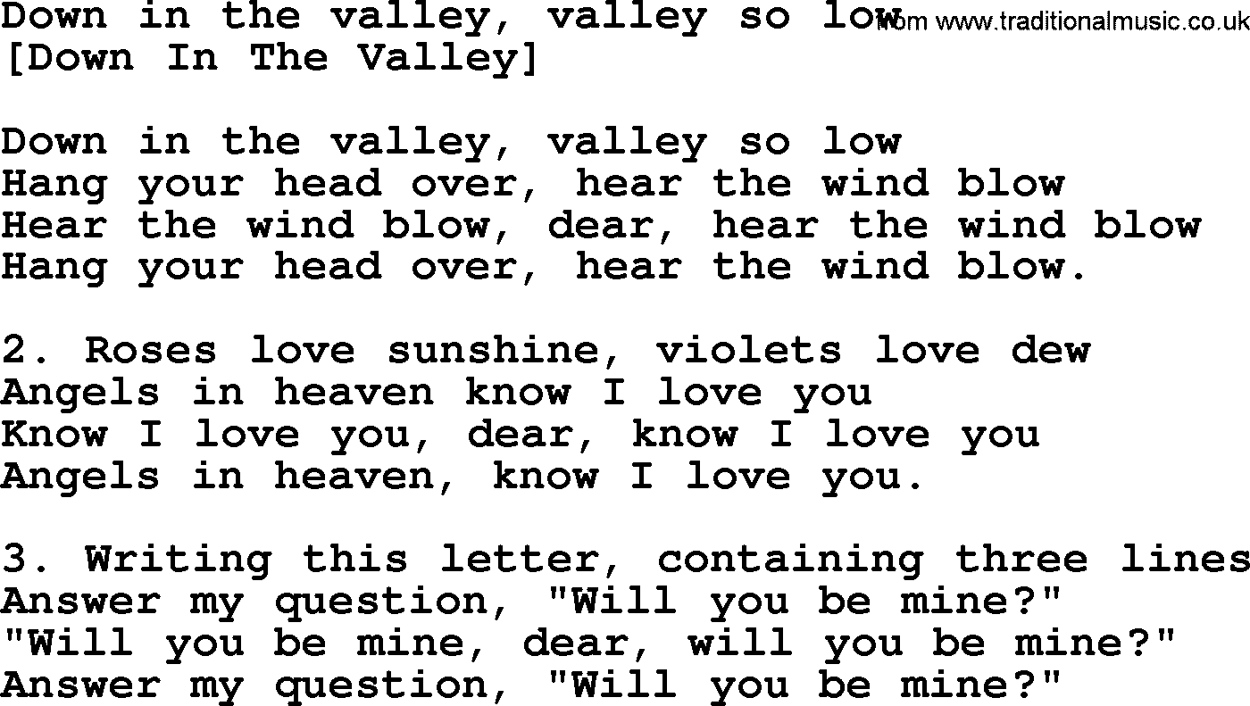 Old American Song: Down In The Valley, Valley So Low, lyrics