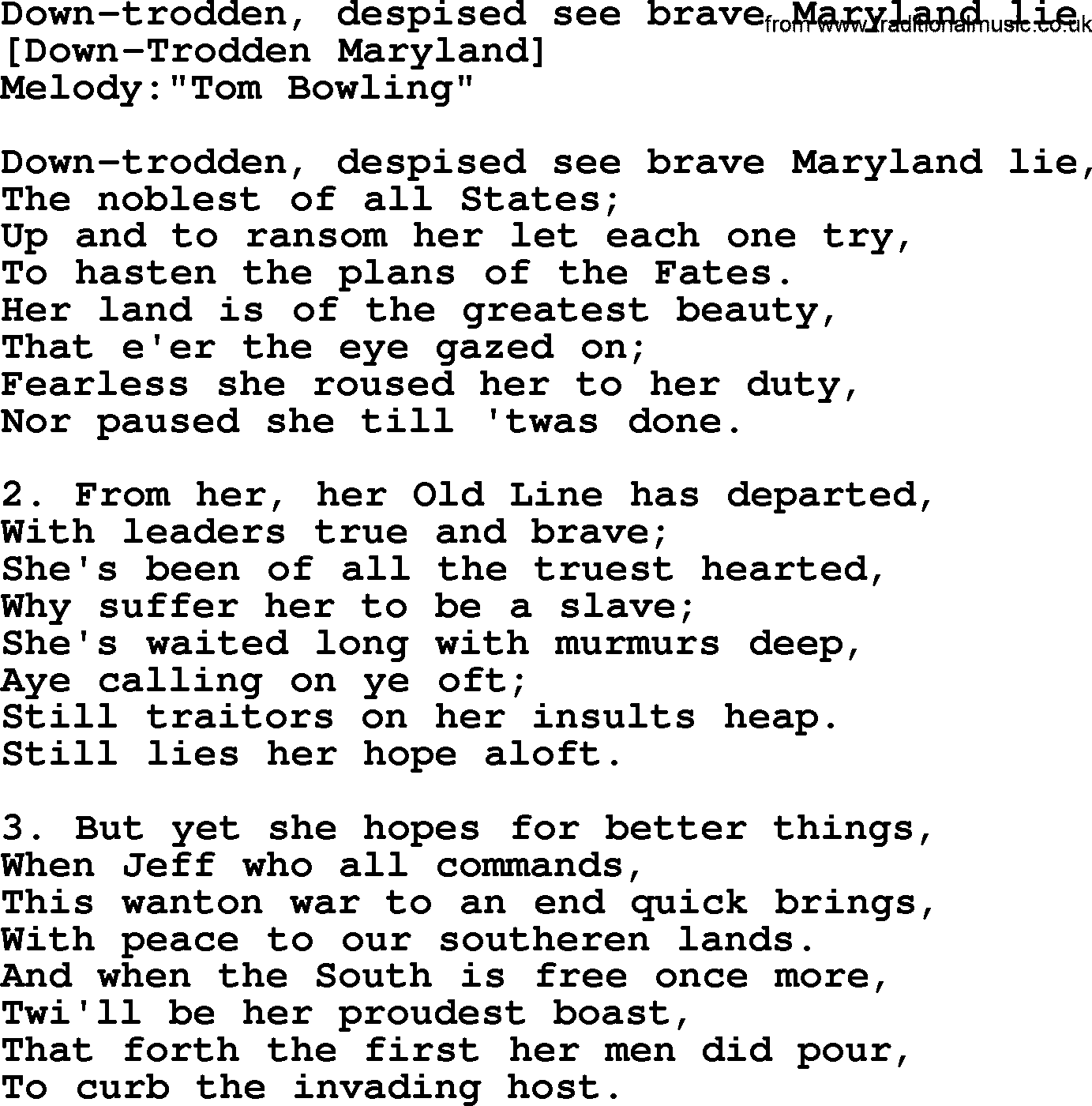 Old American Song: Down-Trodden, Despised See Brave Maryland Lie, lyrics