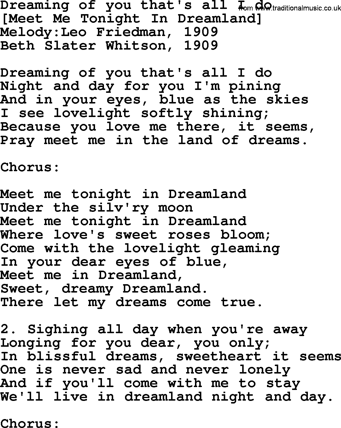 Old American Song: Dreaming Of You That's All I Do, lyrics