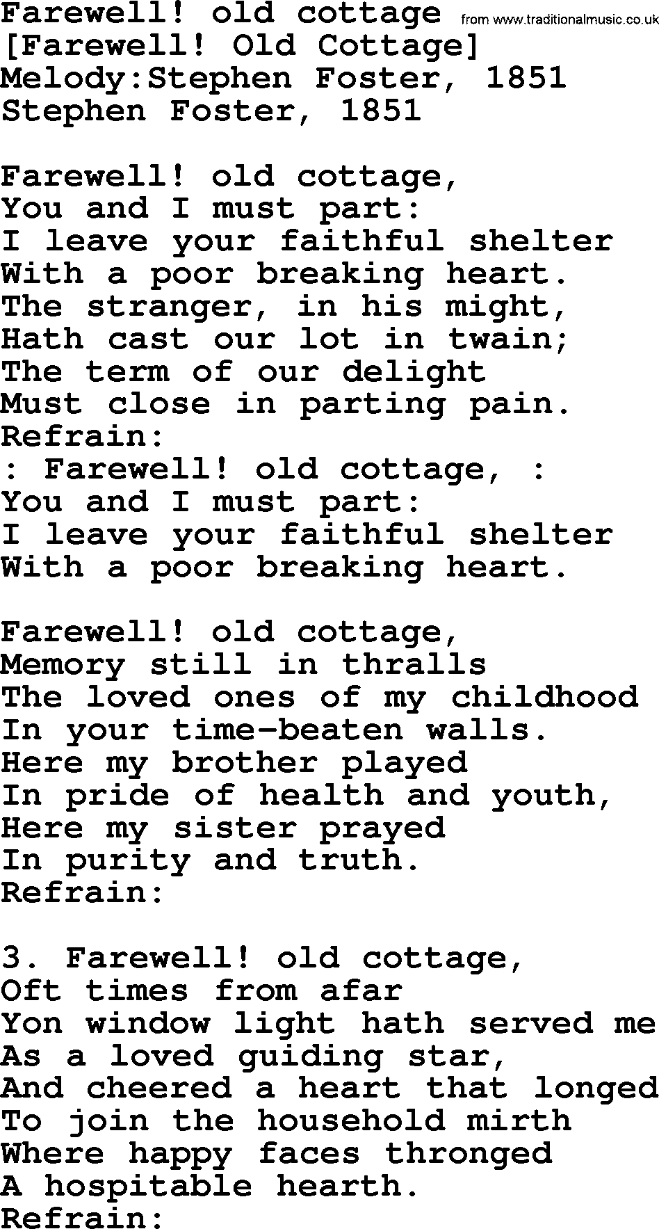 Old American Song: Farewell! Old Cottage, lyrics