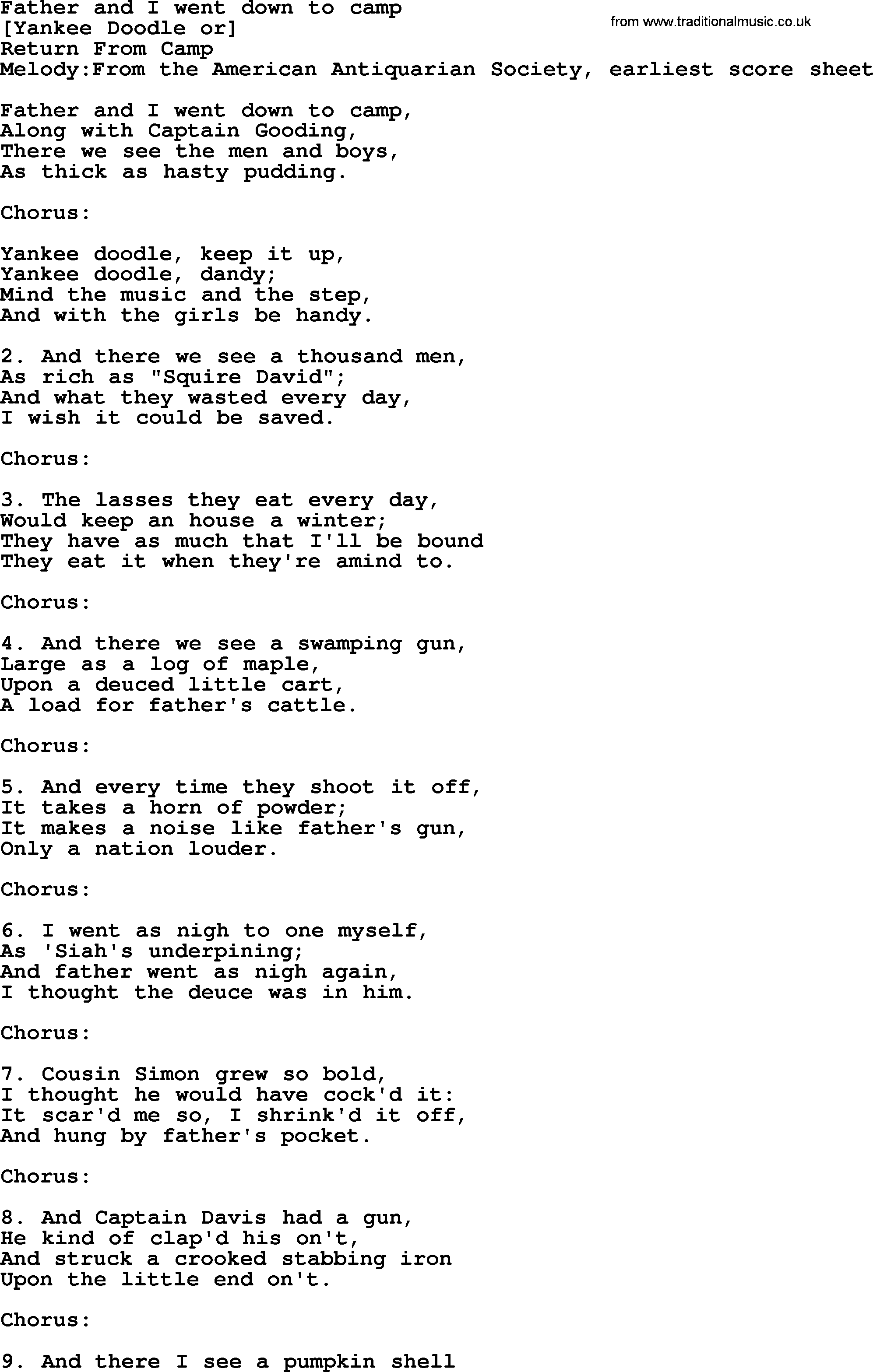 Old American Song: Father And I Went Down To Camp, lyrics