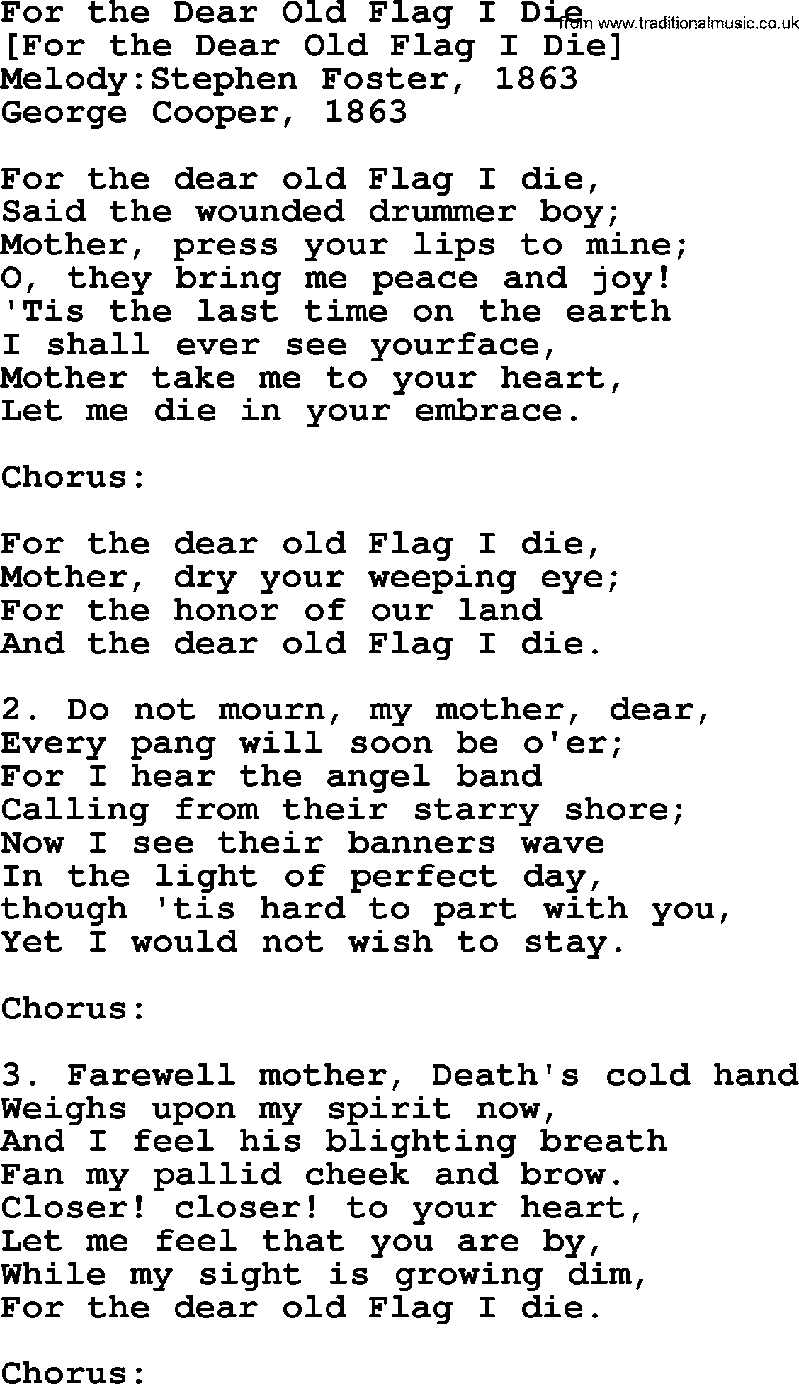Old American Song: For The Dear Old Flag I Die, lyrics