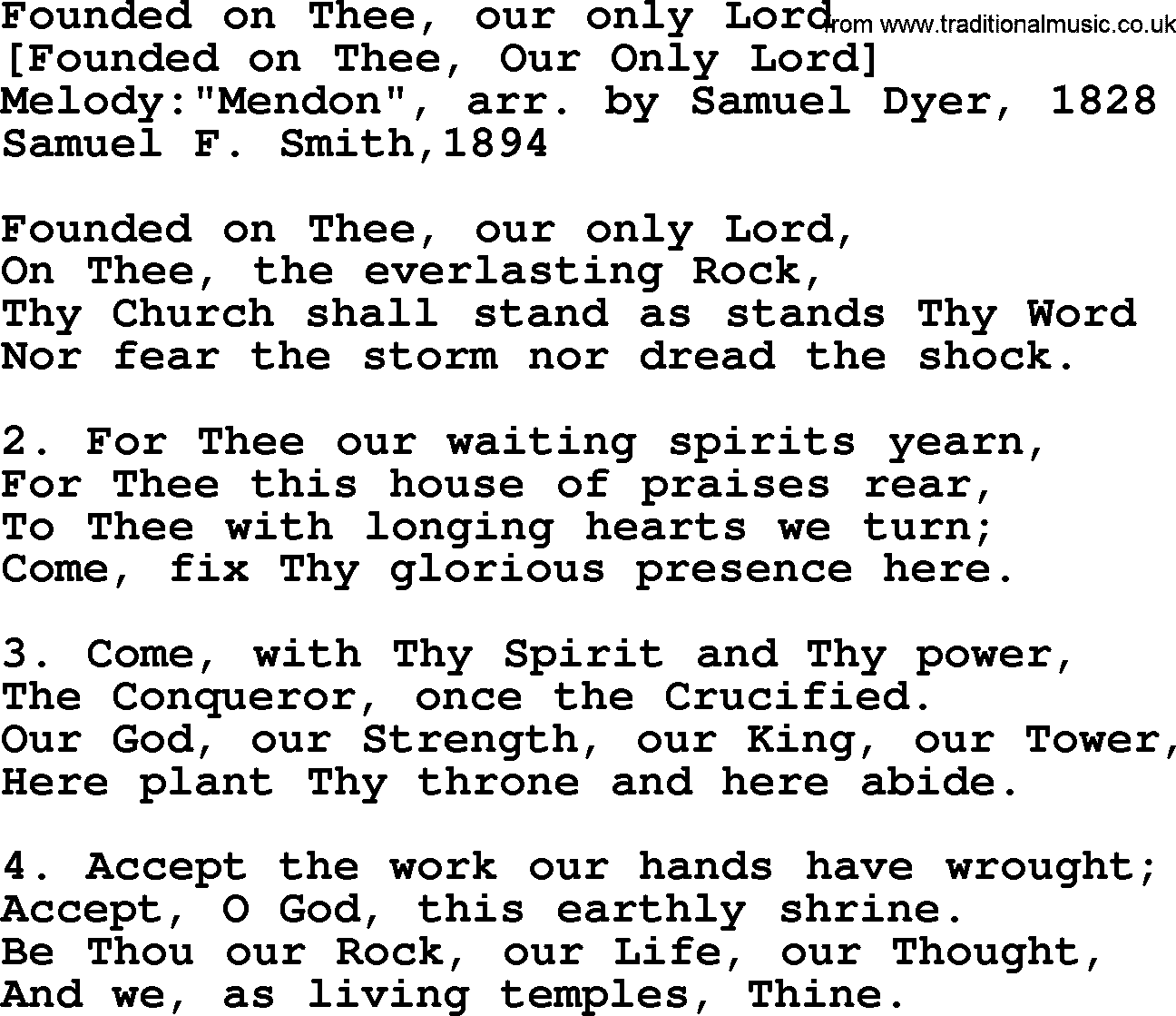Old American Song: Founded On Thee, Our Only Lord, lyrics