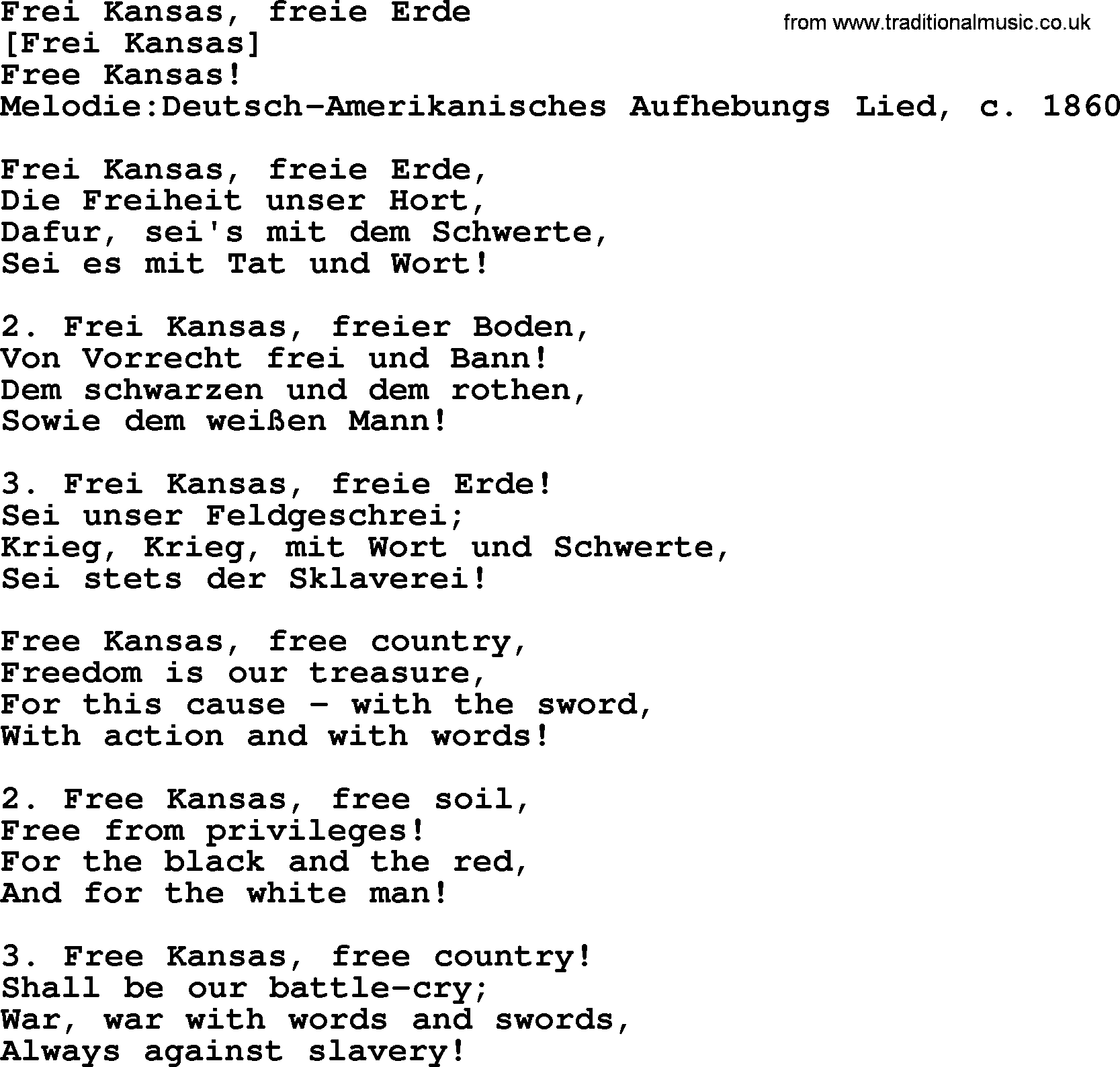 Old American Song: Frei Kansas, Freie Erde, lyrics