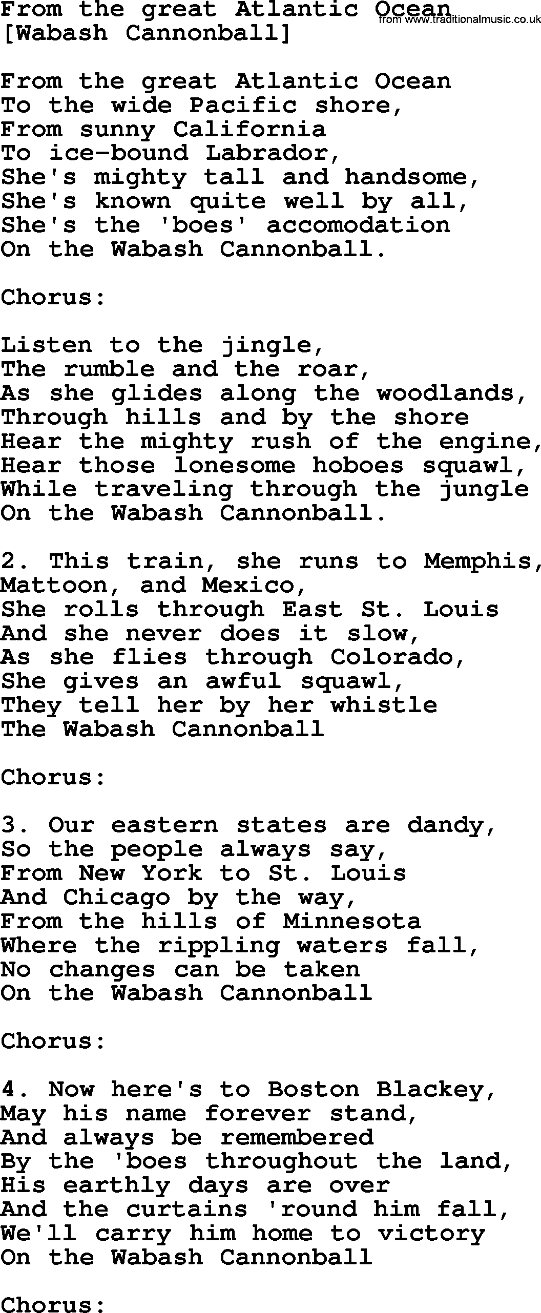 Old American Song: From The Great Atlantic Ocean, lyrics