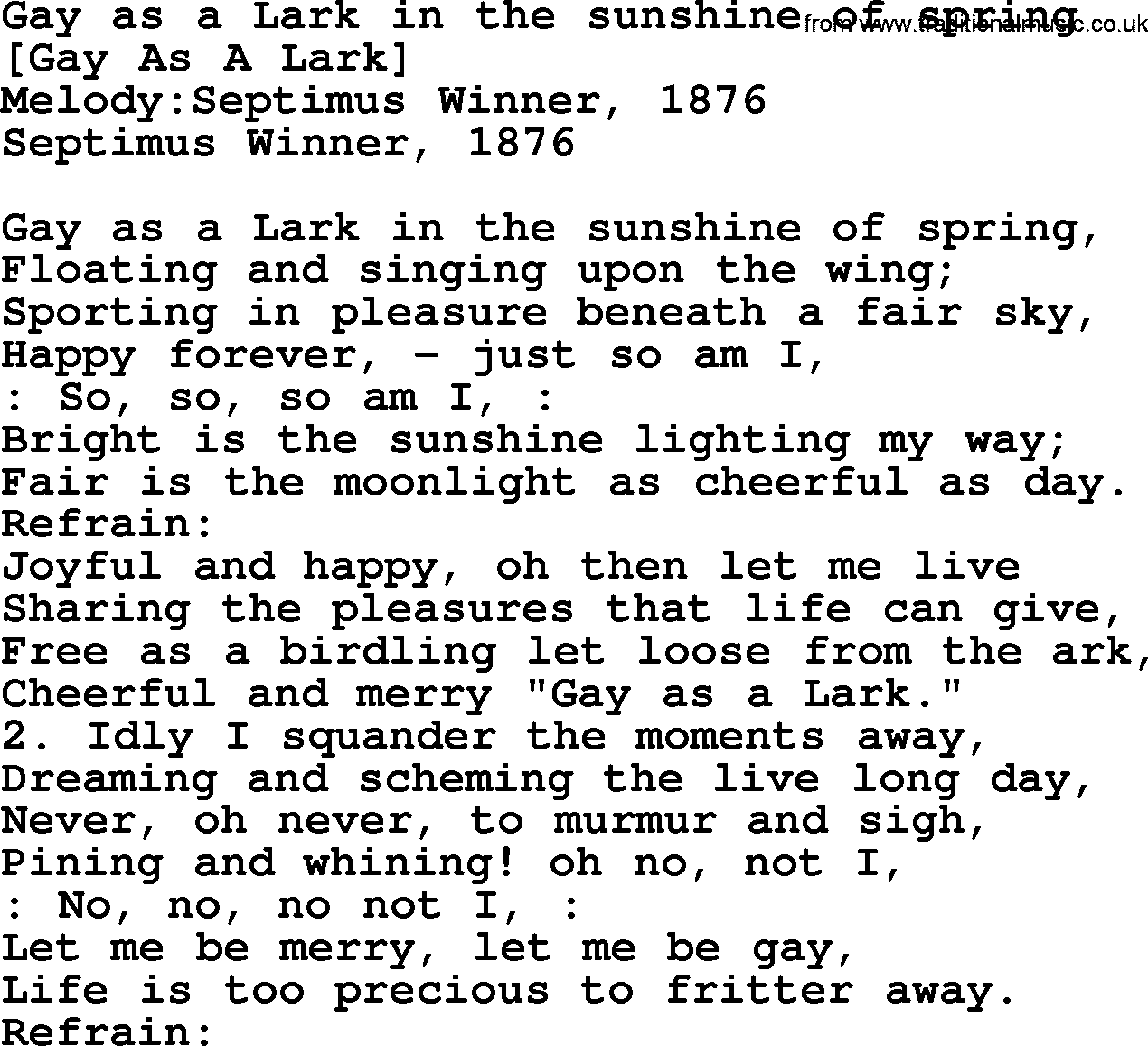 Old American Song: Gay As A Lark In The Sunshine Of Spring, lyrics