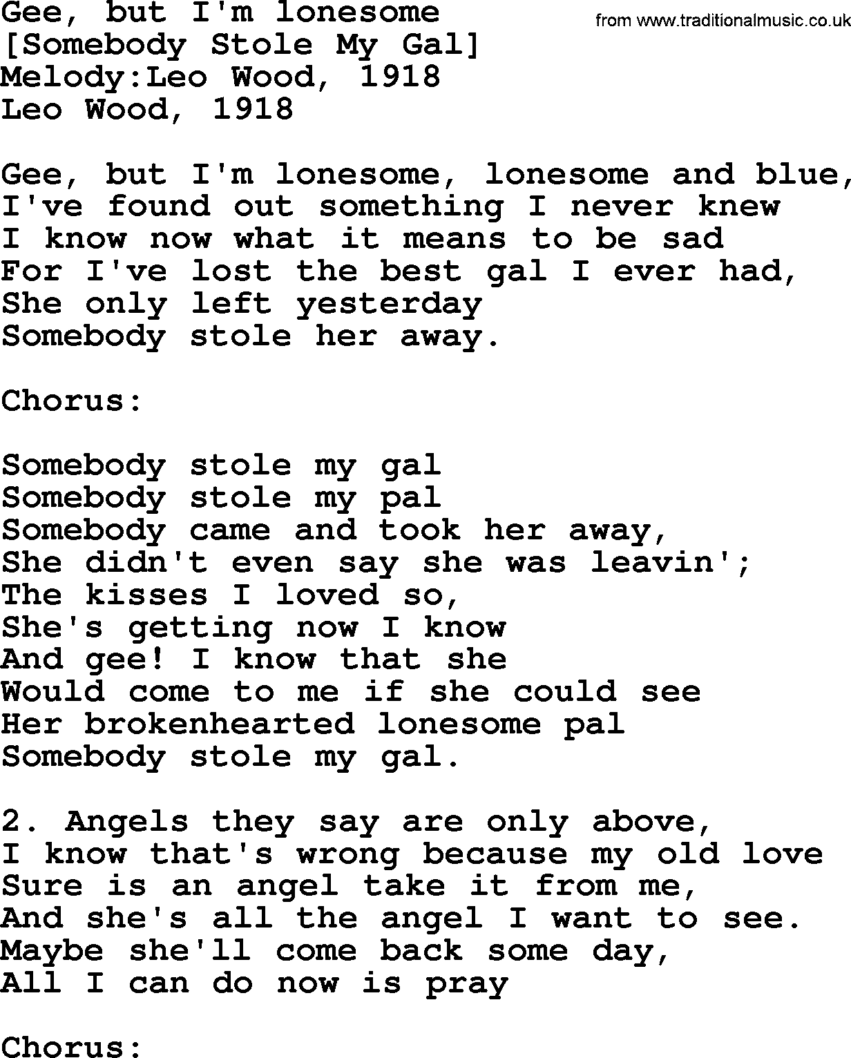 Old American Song: Gee, But I'm Lonesome, lyrics