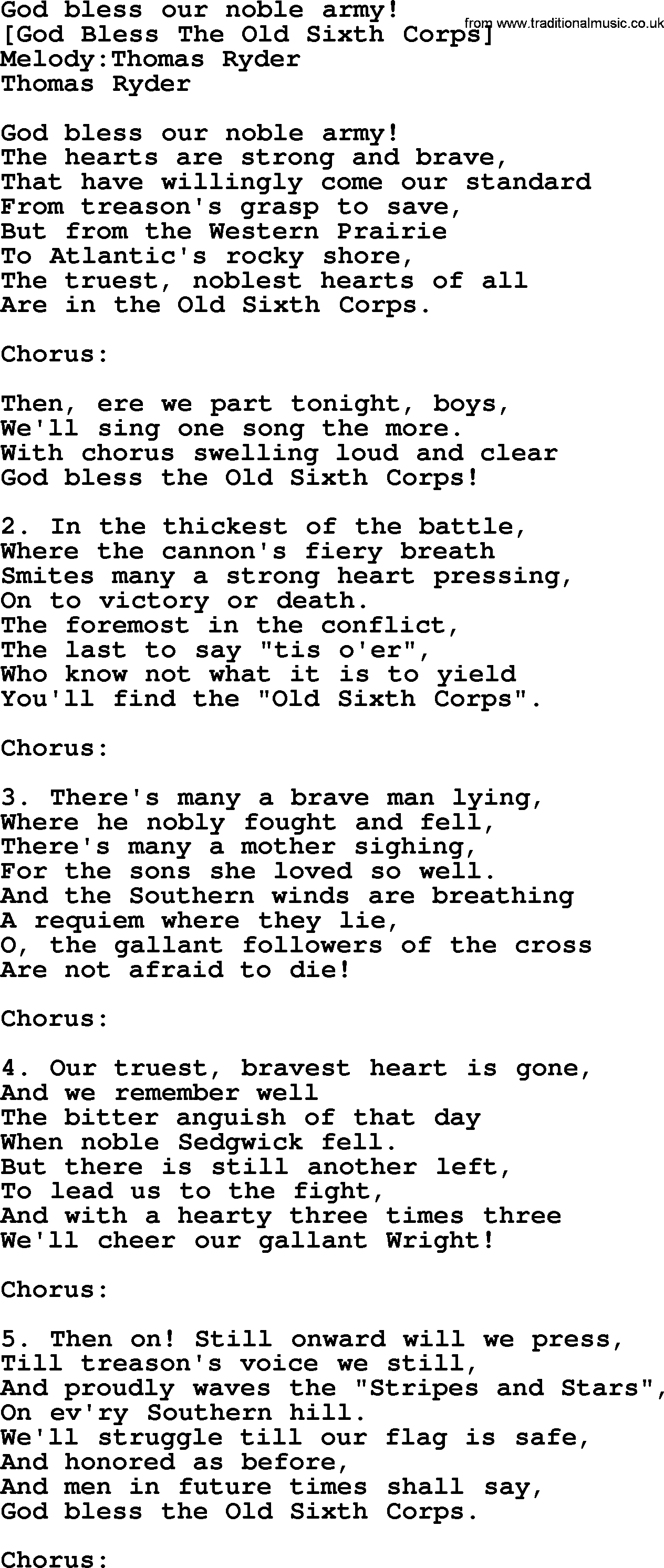Old American Song: God Bless Our Noble Army!, lyrics