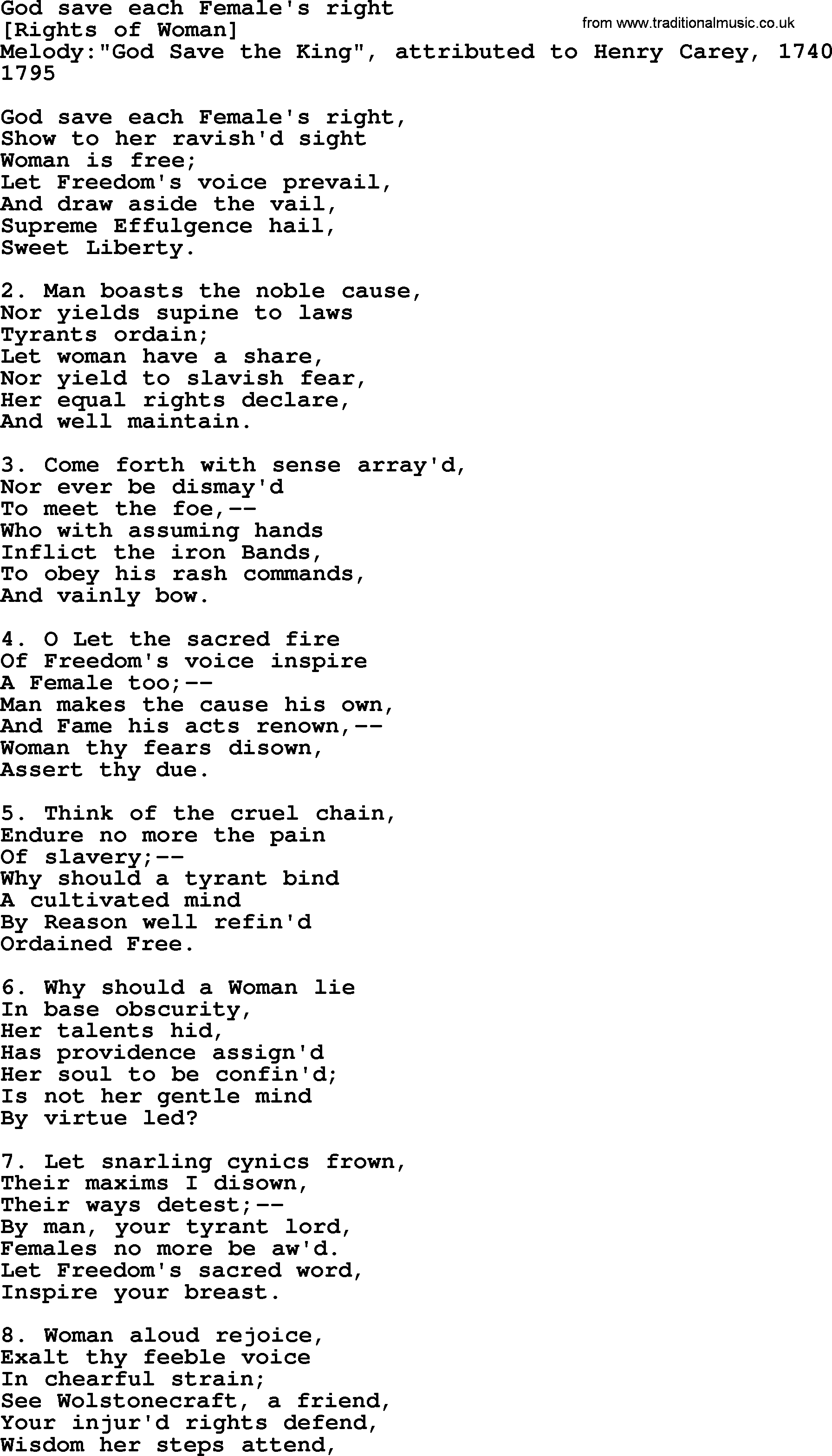 Old American Song: God Save Each Female's Right, lyrics