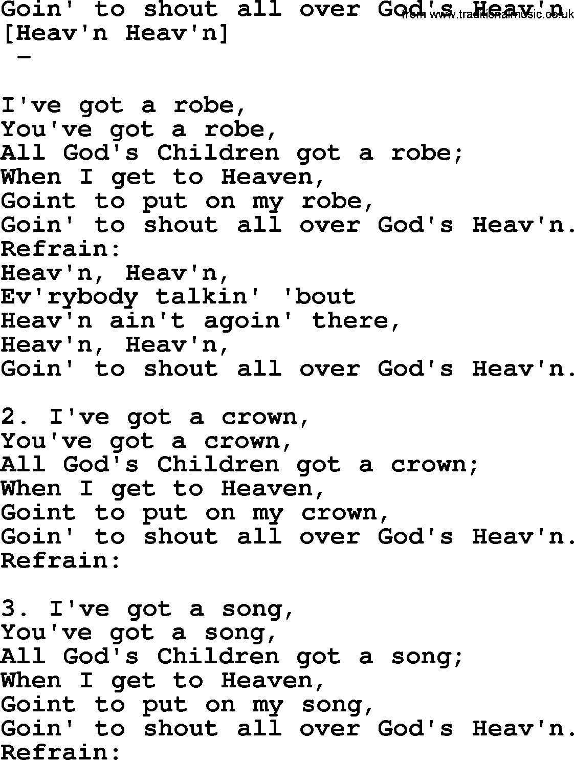 Old American Song: Goin' To Shout All Over God's Heav'n, lyrics
