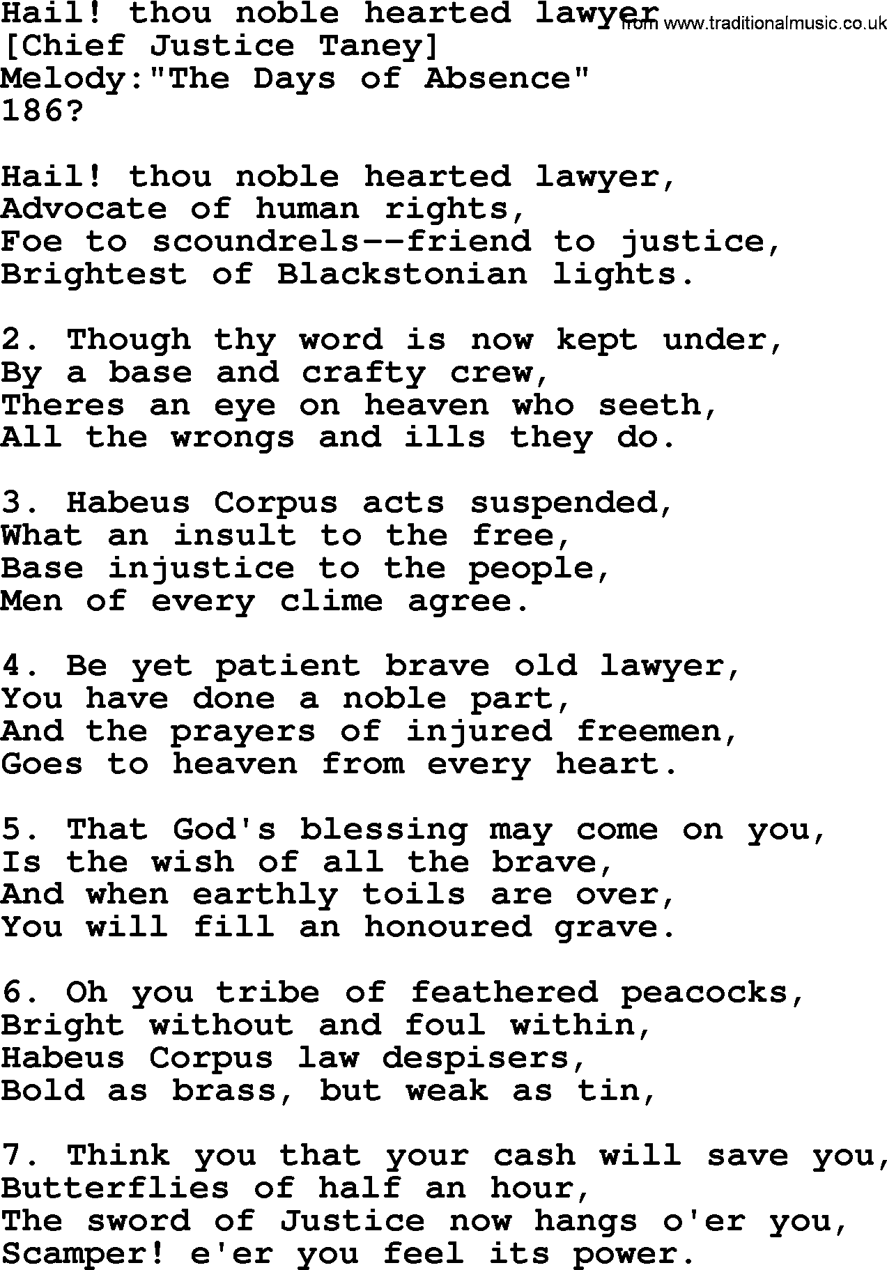 Old American Song: Hail! Thou Noble Hearted Lawyer, lyrics
