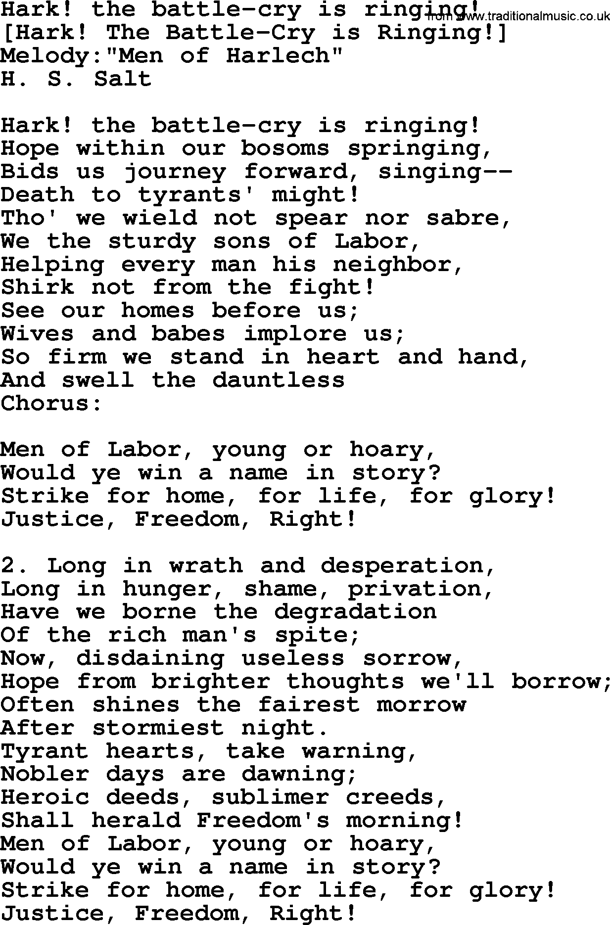 Old American Song: Hark! The Battle-Cry Is Ringing!, lyrics