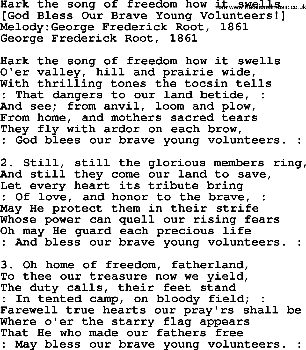 Old American Song: Hark The Song Of Freedom How It Swells, lyrics