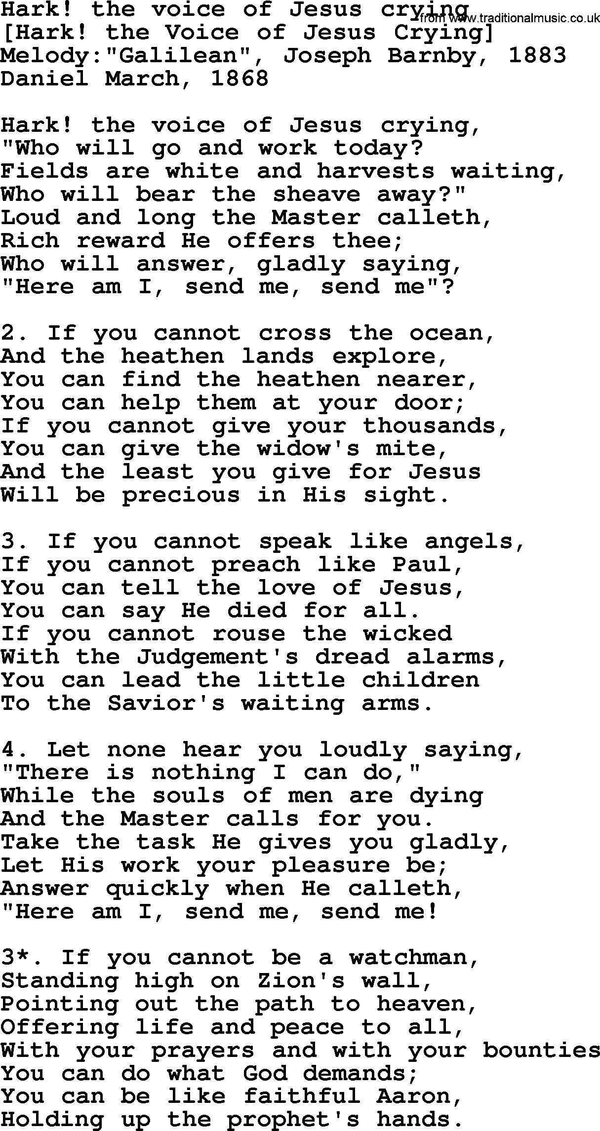 Old American Song: Hark! The Voice Of Jesus Crying, lyrics