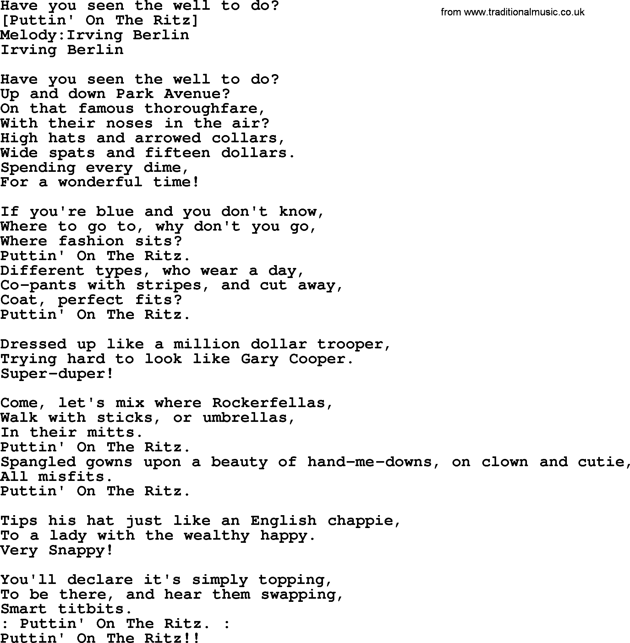 Old American Song: Have You Seen The Well To Do, lyrics