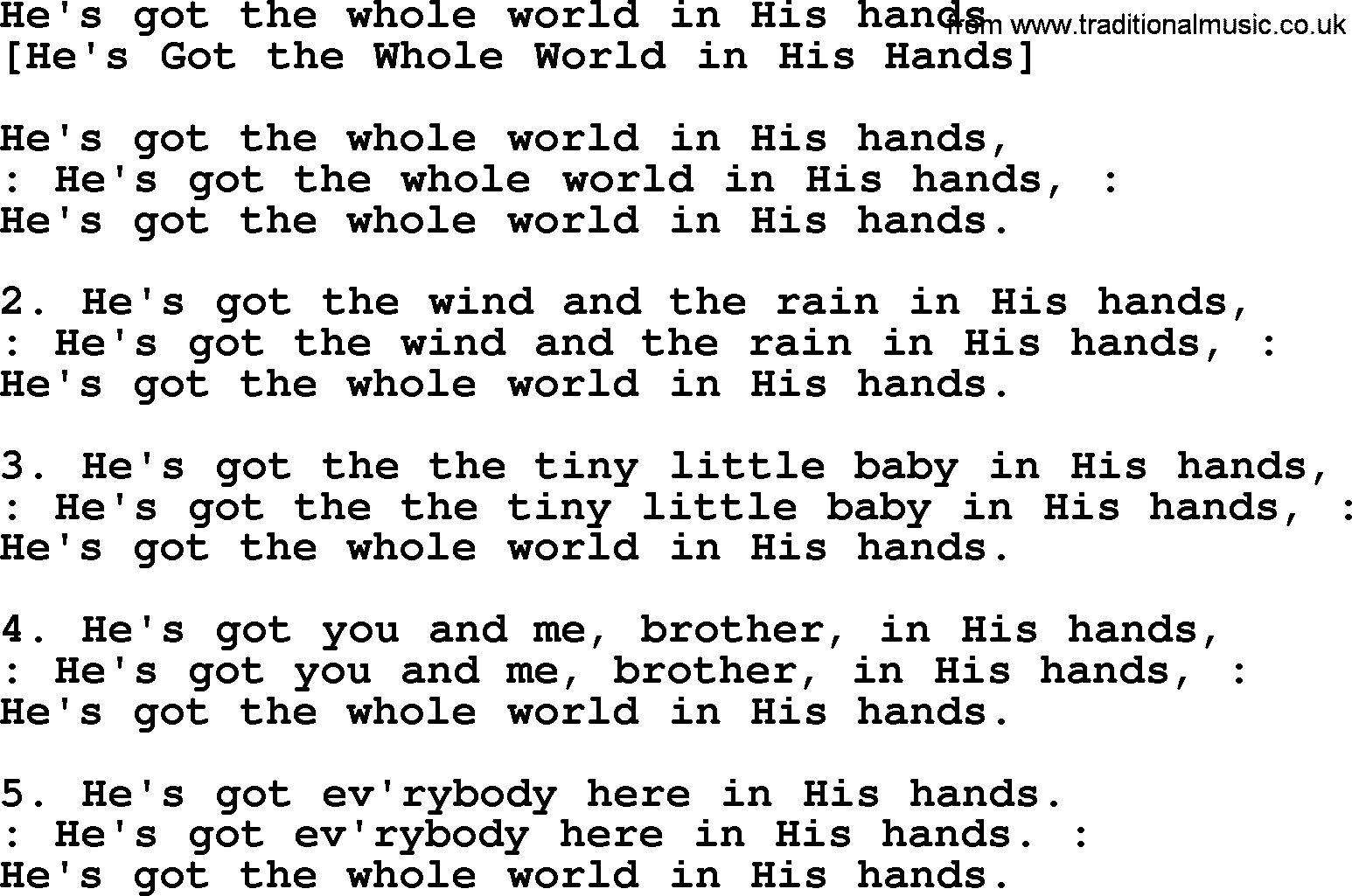 Old American Song: He's Got The Whole World In His Hands, lyrics