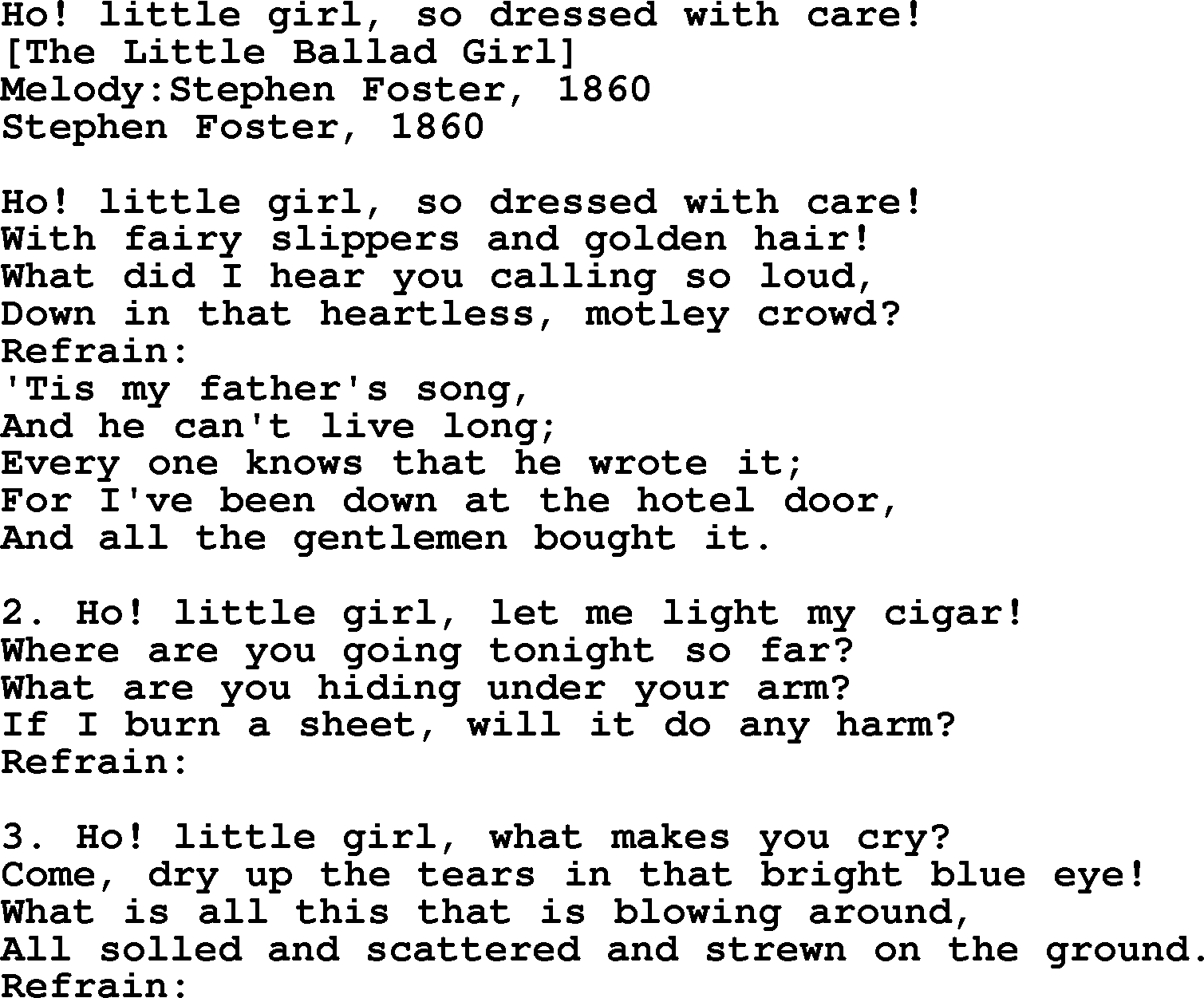 Old American Song: Ho! Little Girl, So Dressed With Care!, lyrics