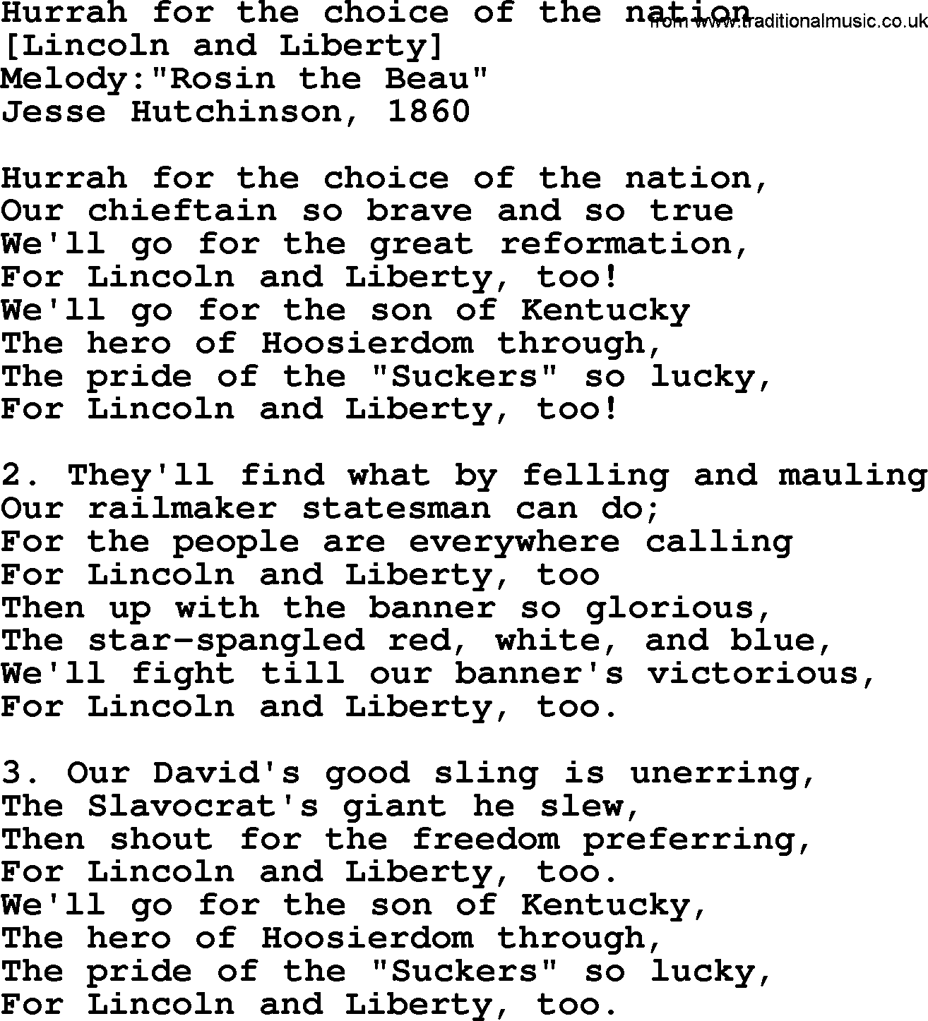 Old American Song: Hurrah For The Choice Of The Nation, lyrics