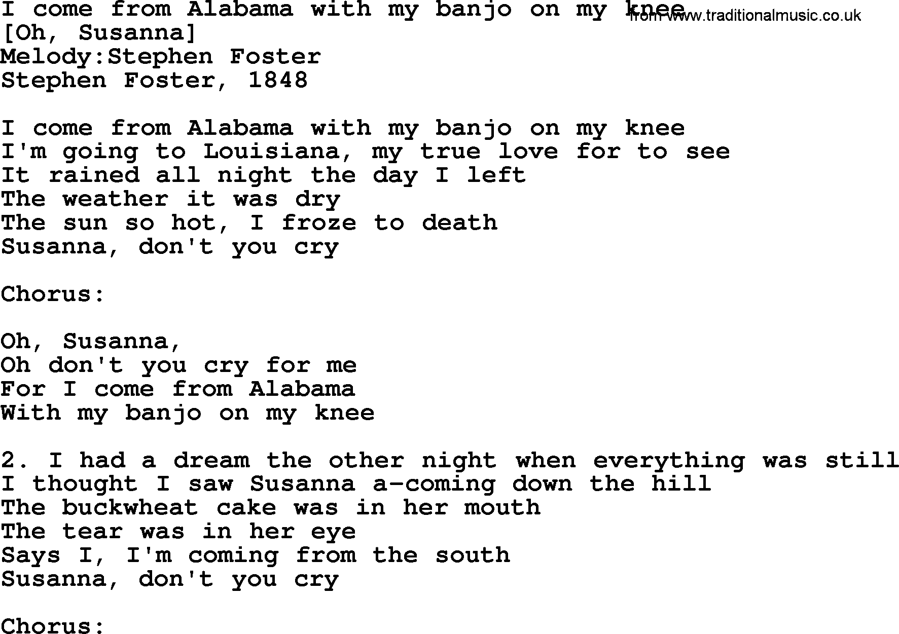 Old American Song: I Come From Alabama With My Banjo On My Knee, lyrics