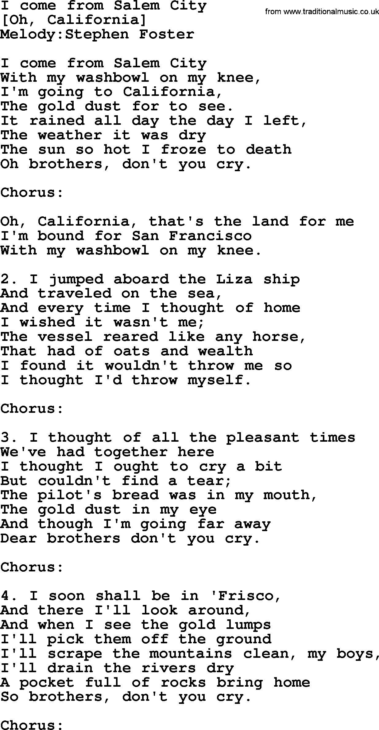 Old American Song: I Come From Salem City, lyrics