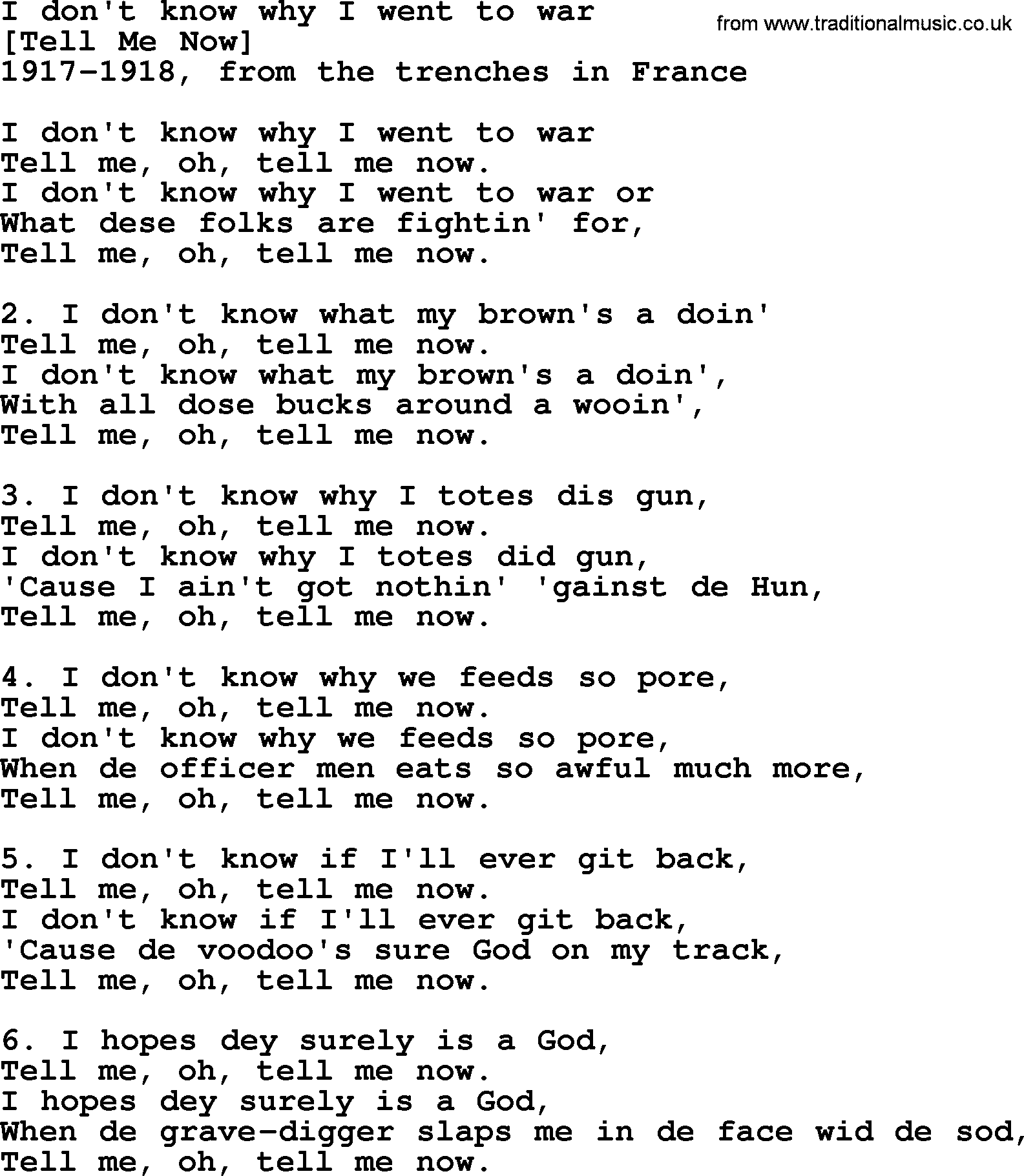 Old American Song: I Don't Know Why I Went To War, lyrics