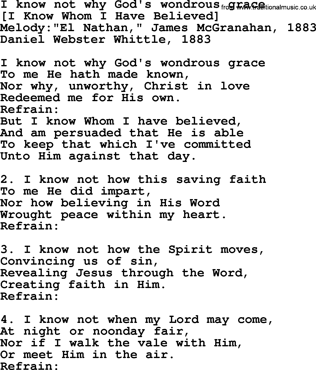 Old American Song: I Know Not Why God's Wondrous Grace, lyrics