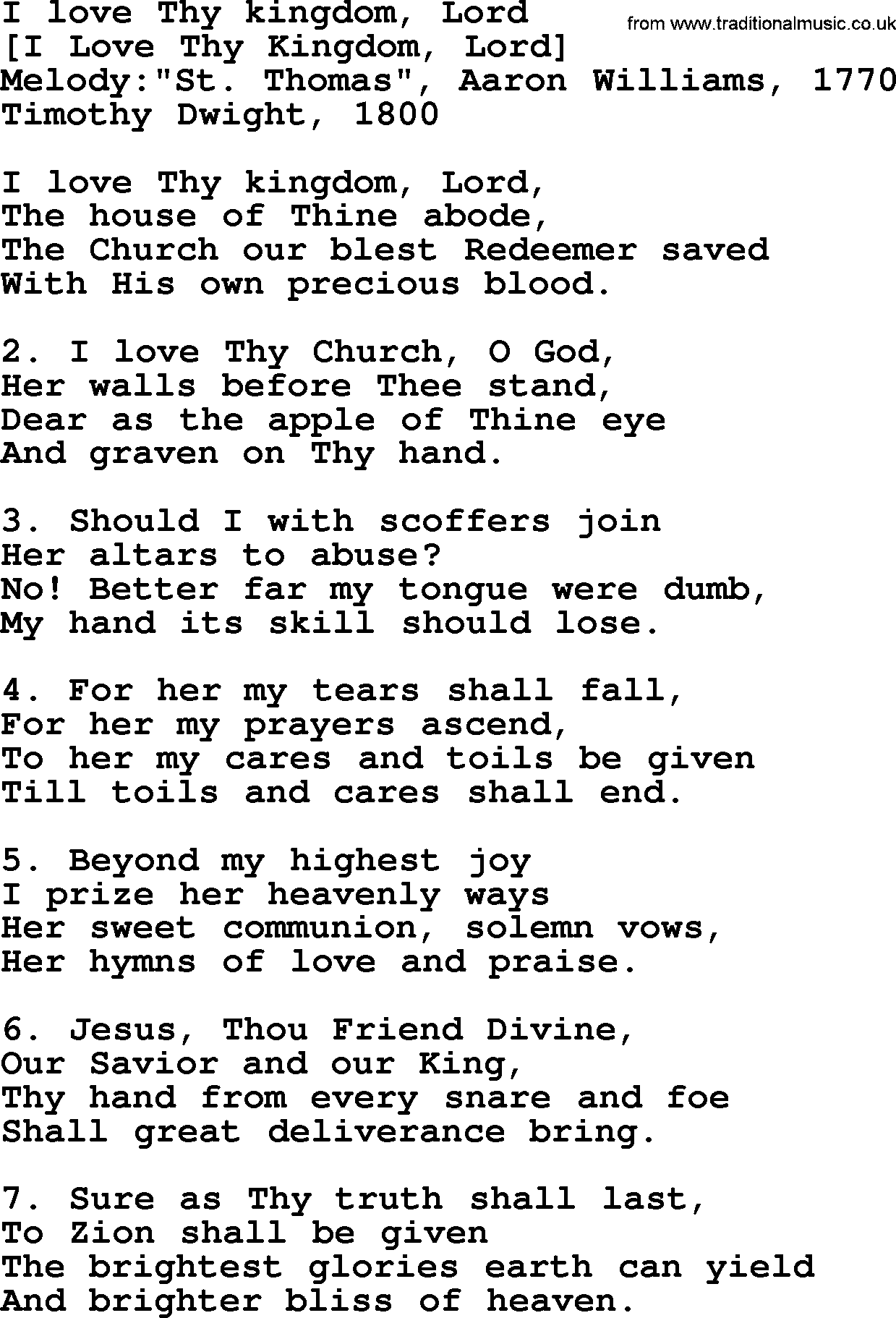 Old American Song: I Love Thy Kingdom, Lord, lyrics