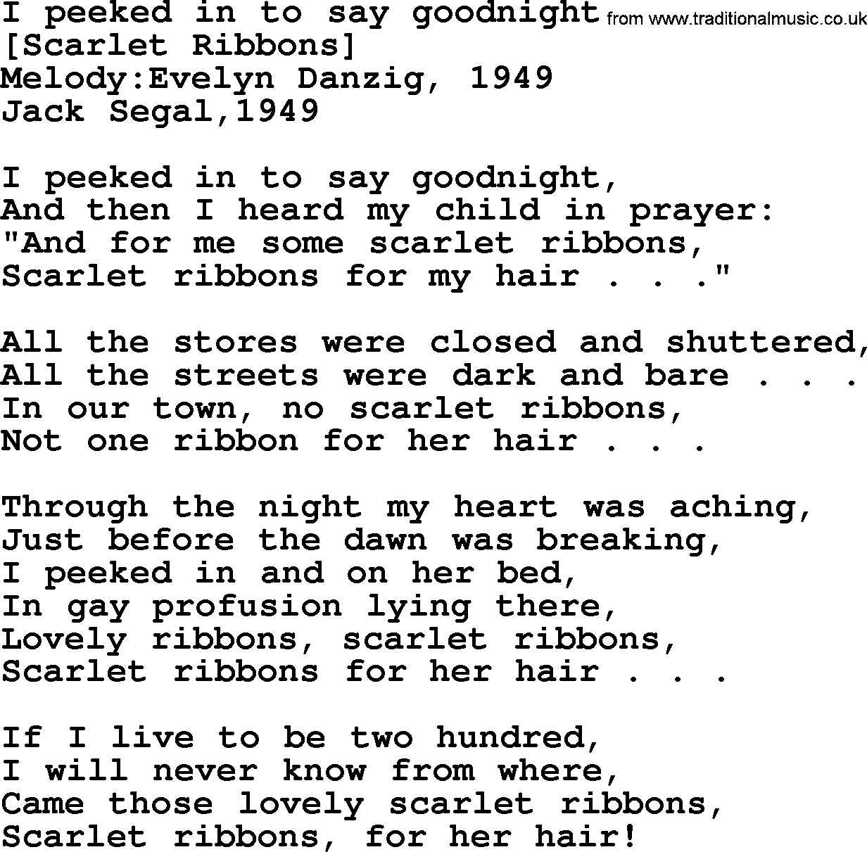 Old American Song: I Peeked In To Say Goodnight, lyrics