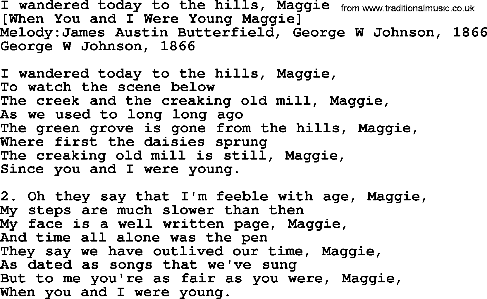 Old American Song: I Wandered Today To The Hills, Maggie, lyrics