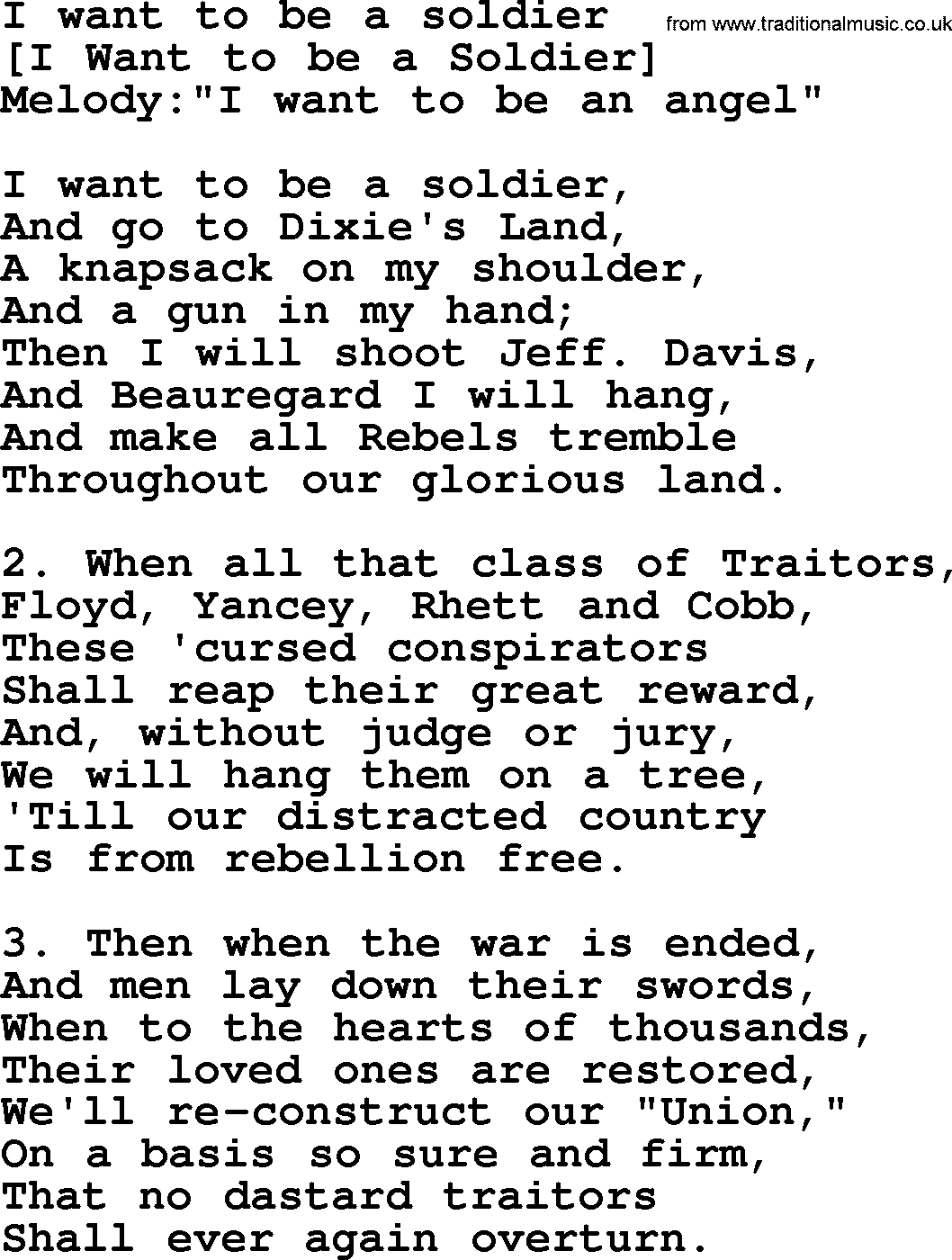 Old American Song: I Want To Be A Soldier, lyrics