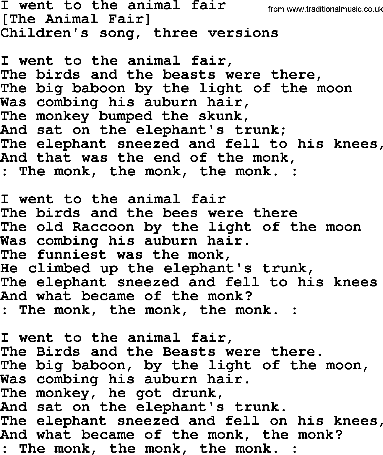 Old American Song: I Went To The Animal Fair, lyrics