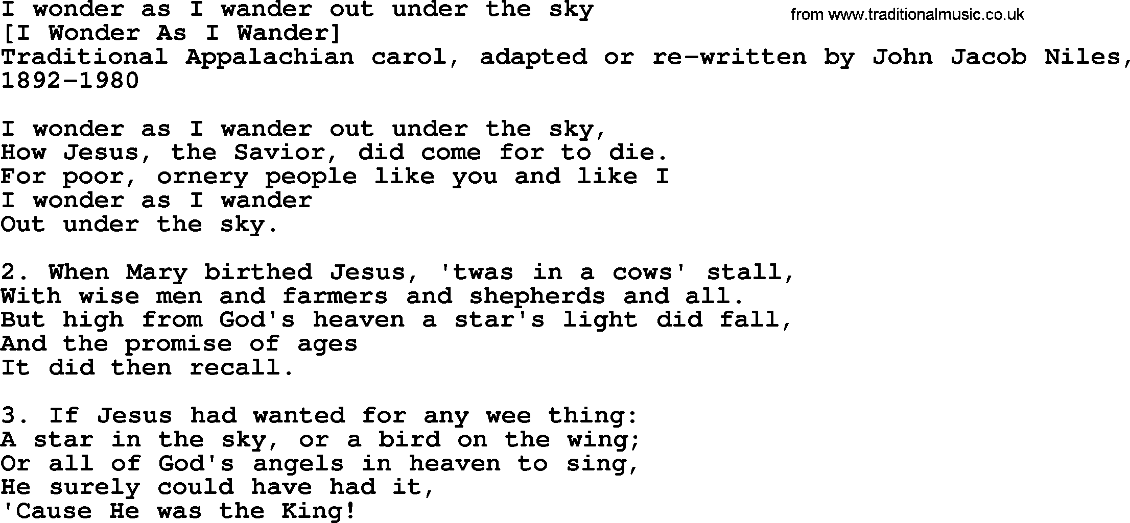 Old American Song: I Wonder As I Wander Out Under The Sky, lyrics
