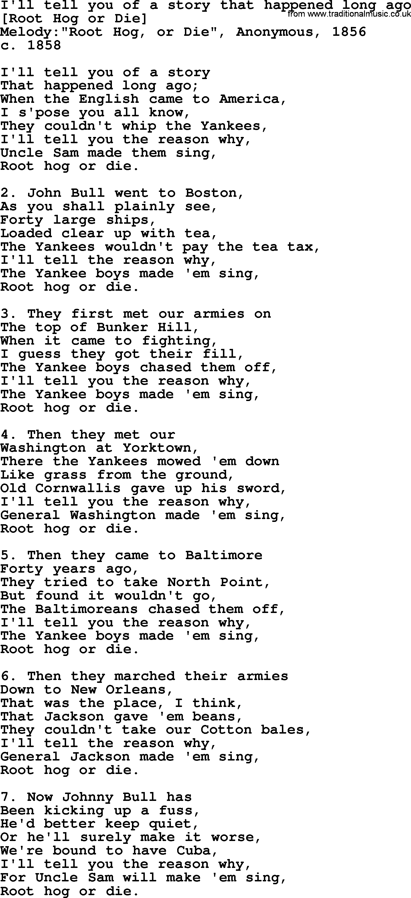 Old American Song: I'll Tell You Of A Story That Happened Long Ago, lyrics