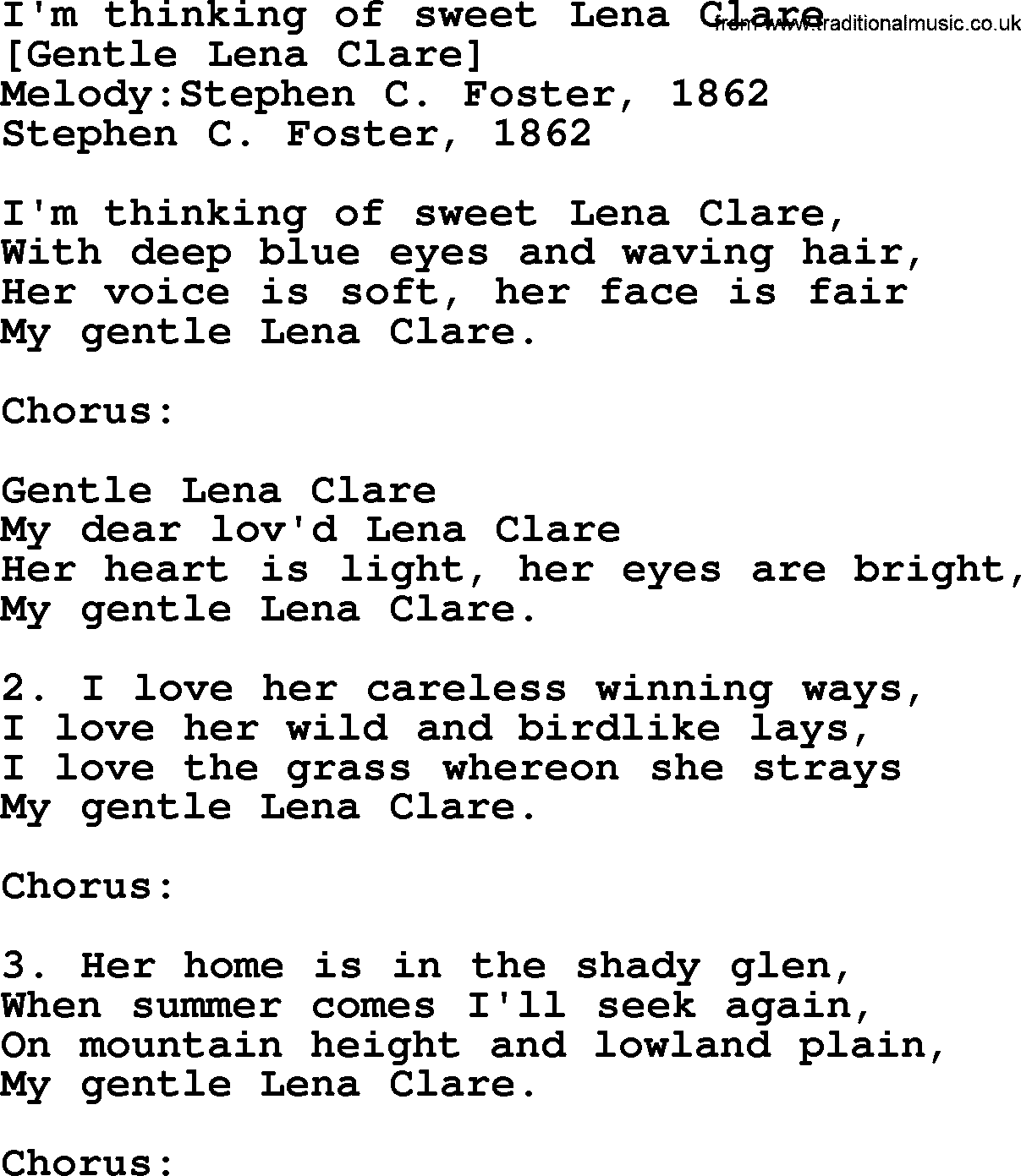 Old American Song: I'm Thinking Of Sweet Lena Clare, lyrics
