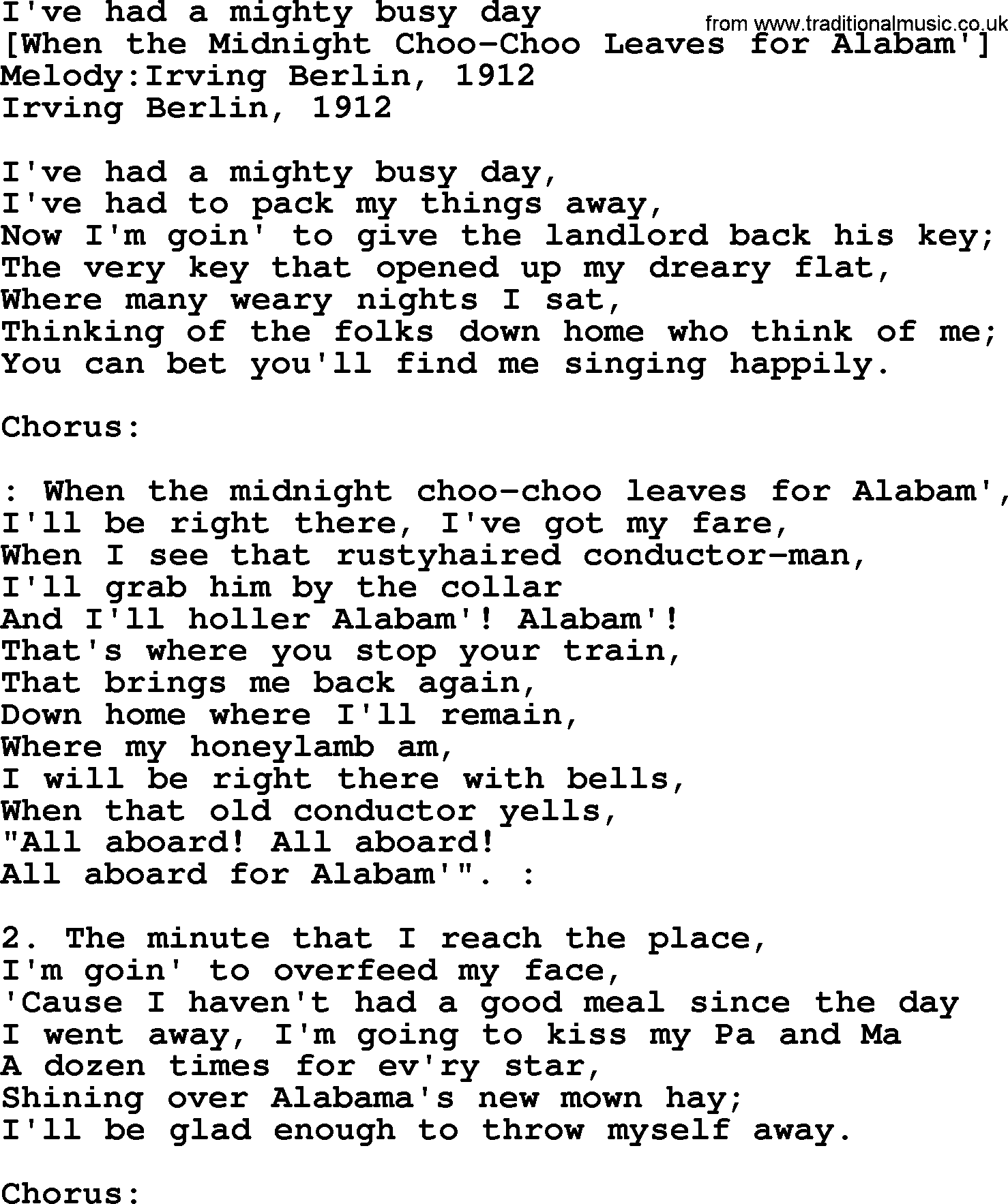 Old American Song: I've Had A Mighty Busy Day, lyrics