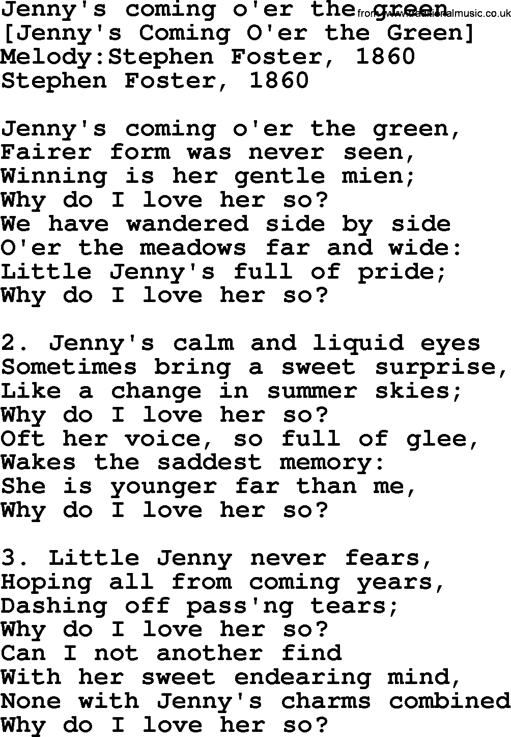Old American Song: Jenny's Coming O'er The Green, lyrics