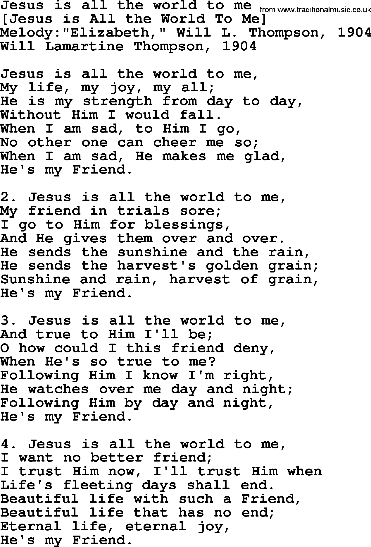 Old American Song: Jesus Is All The World To Me, lyrics