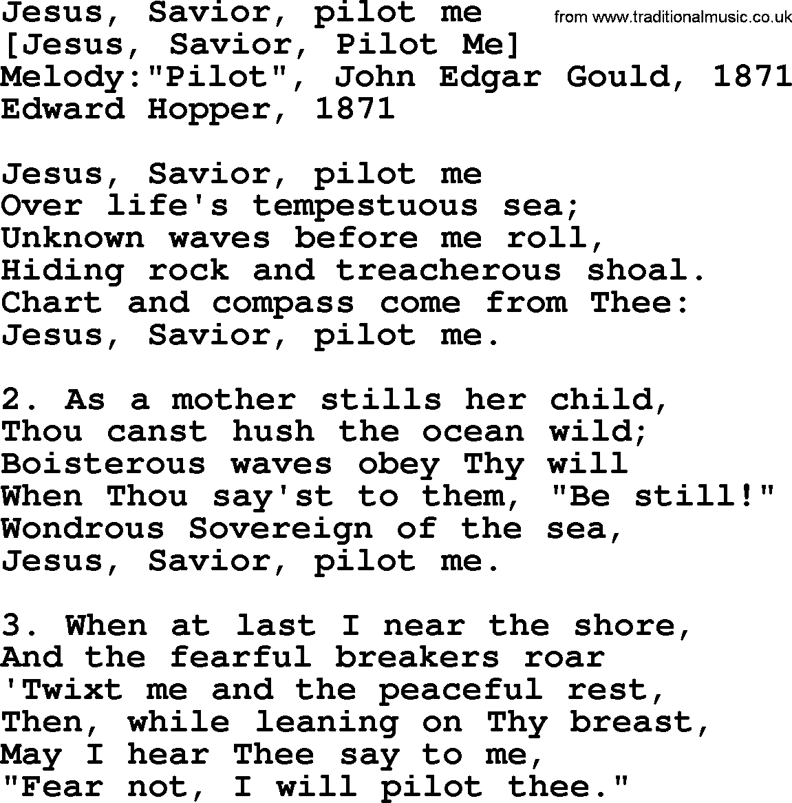 Old American Song: Jesus, Savior, Pilot Me, lyrics