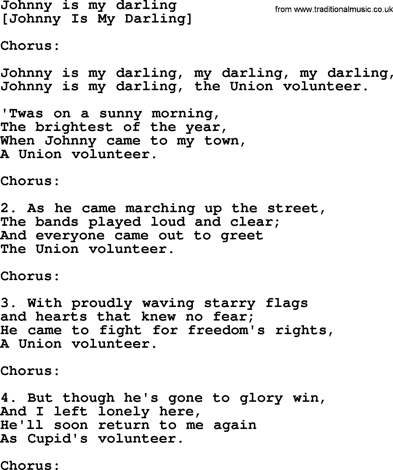Old American Song: Johnny Is My Darling, lyrics