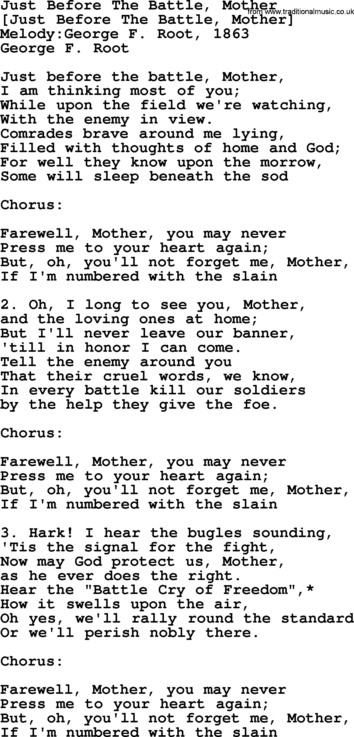 Old American Song: Just Before The Battle, Mother, lyrics