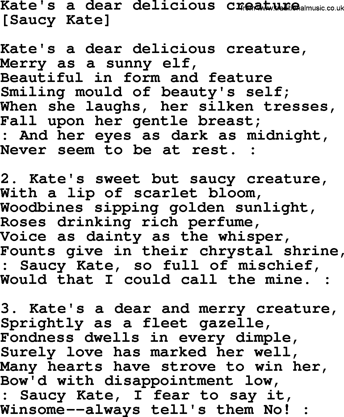 Old American Song: Kate's A Dear Delicious Creature, lyrics