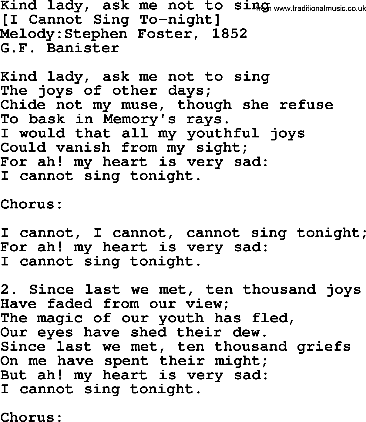 Old American Song: Kind Lady, Ask Me Not To Sing, lyrics