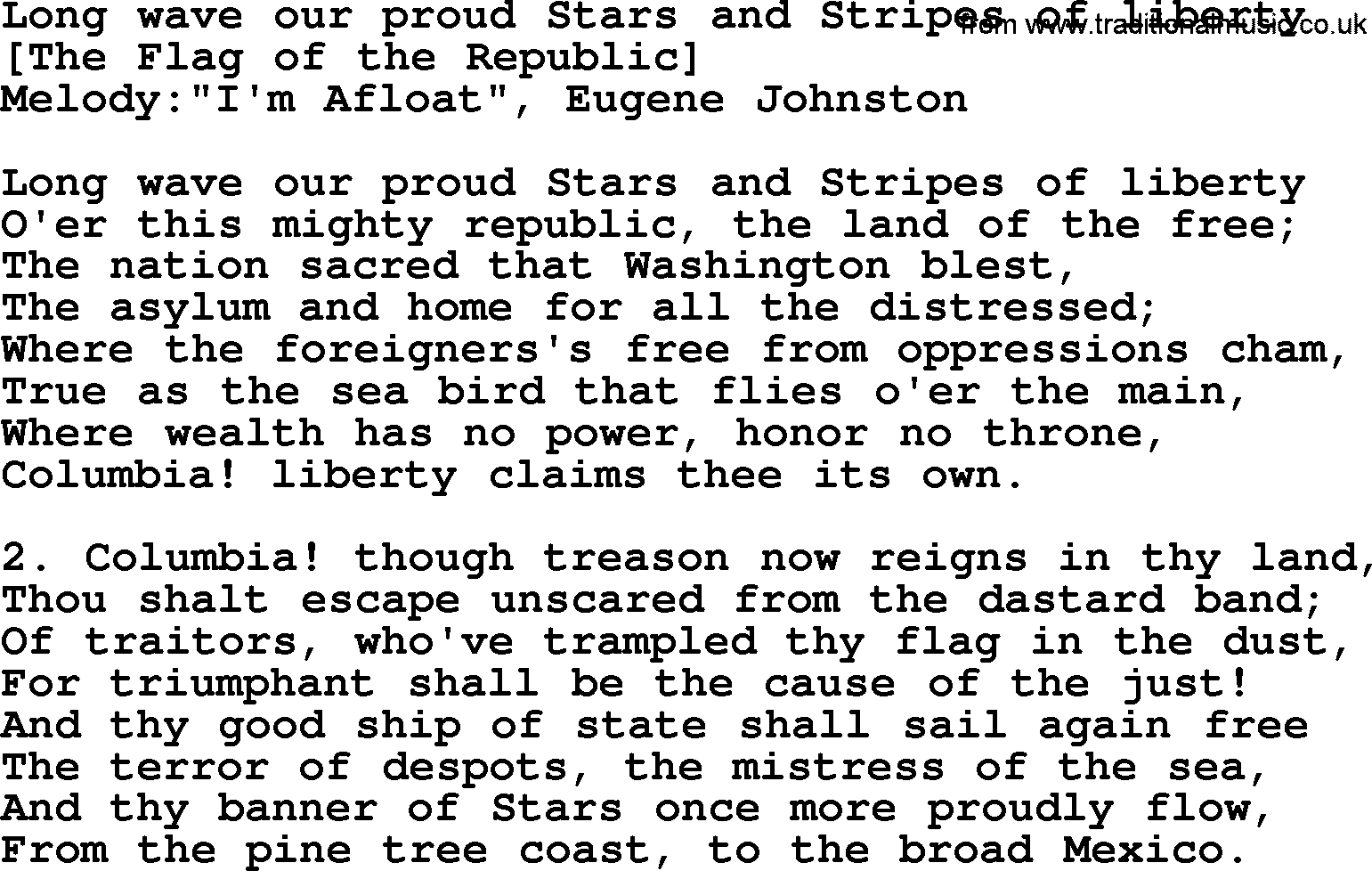 Old American Song: Long Wave Our Proud Stars And Stripes Of Liberty, lyrics