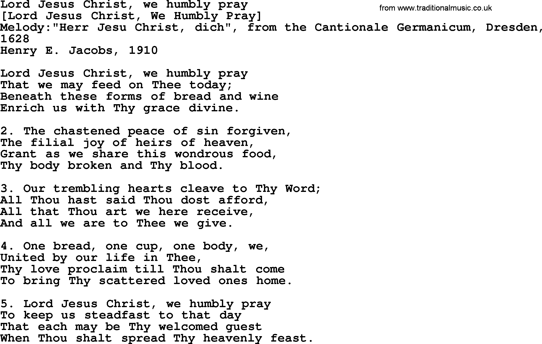 Old American Song: Lord Jesus Christ, We Humbly Pray, lyrics