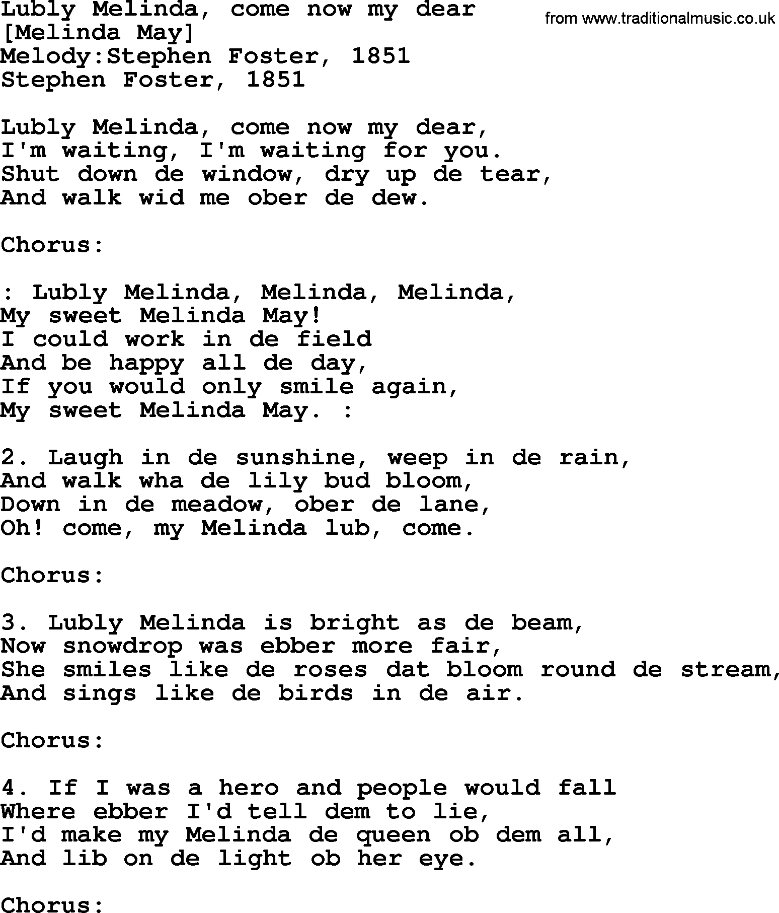 Old American Song: Lubly Melinda, Come Now My Dear, lyrics