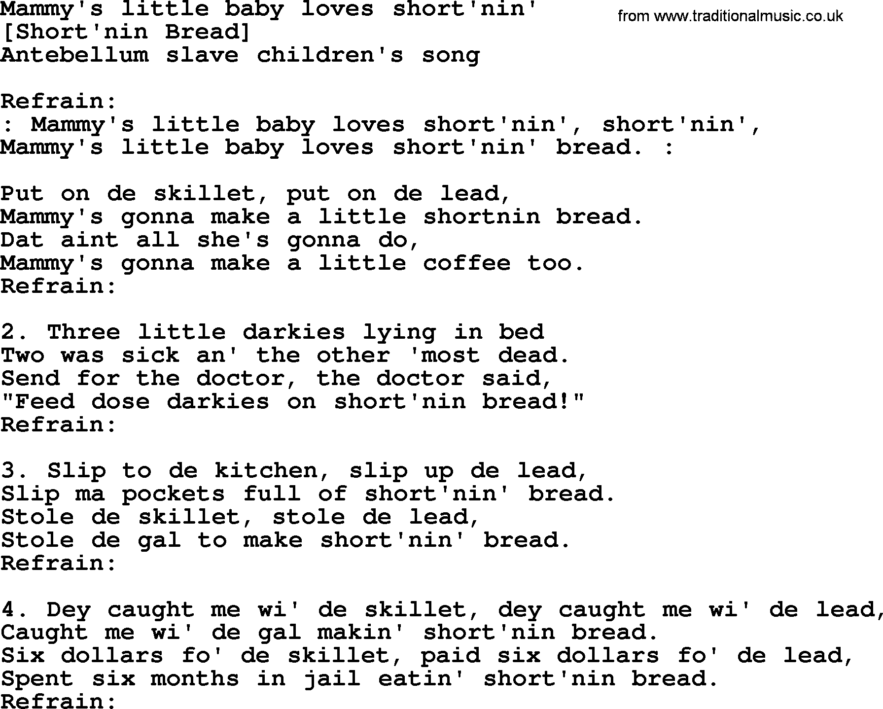 Old American Song: Mammy's Little Baby Loves Short'nin', lyrics