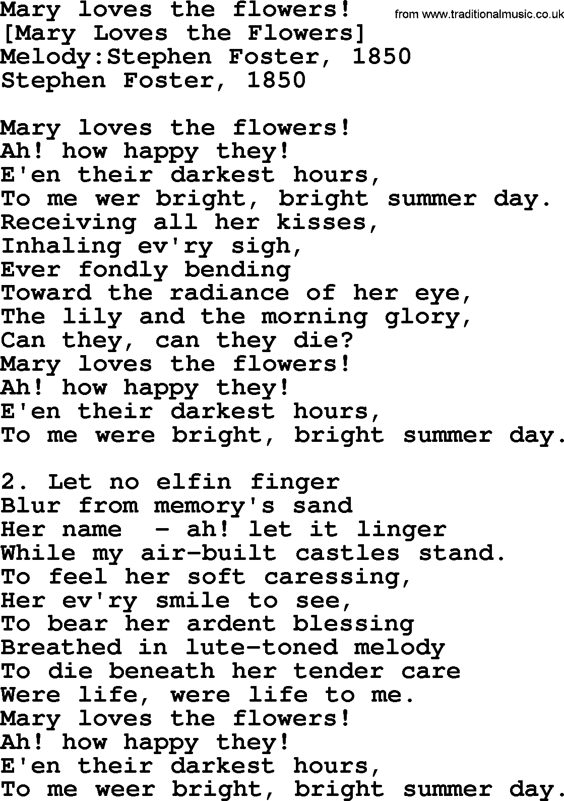 Old American Song: Mary Loves The Flowers!, lyrics