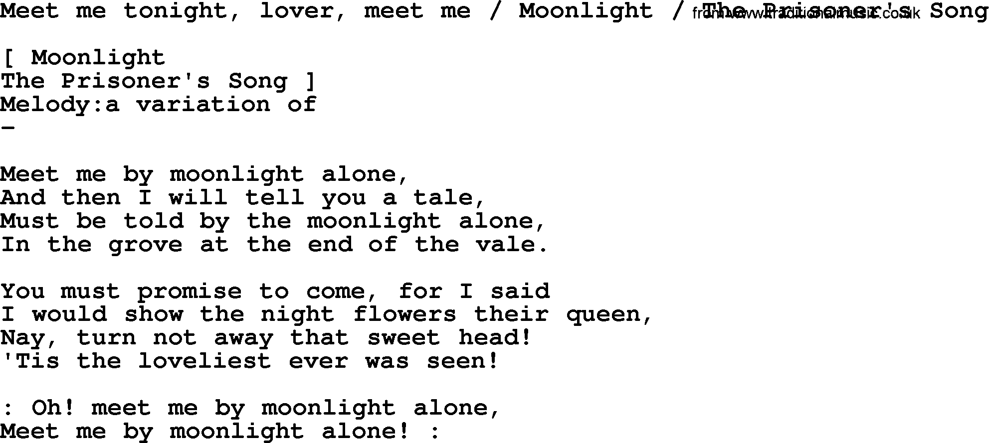 Old American Song: Meet Me Tonight, Lover, Meet Me  Moonlight  The Prisoner's Song, lyrics