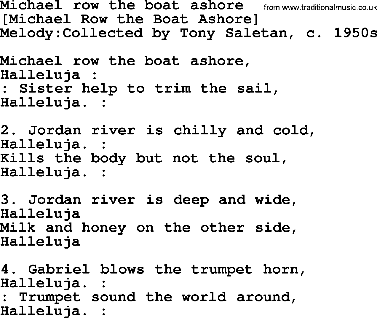 Old American Song: Michael Row The Boat Ashore, lyrics
